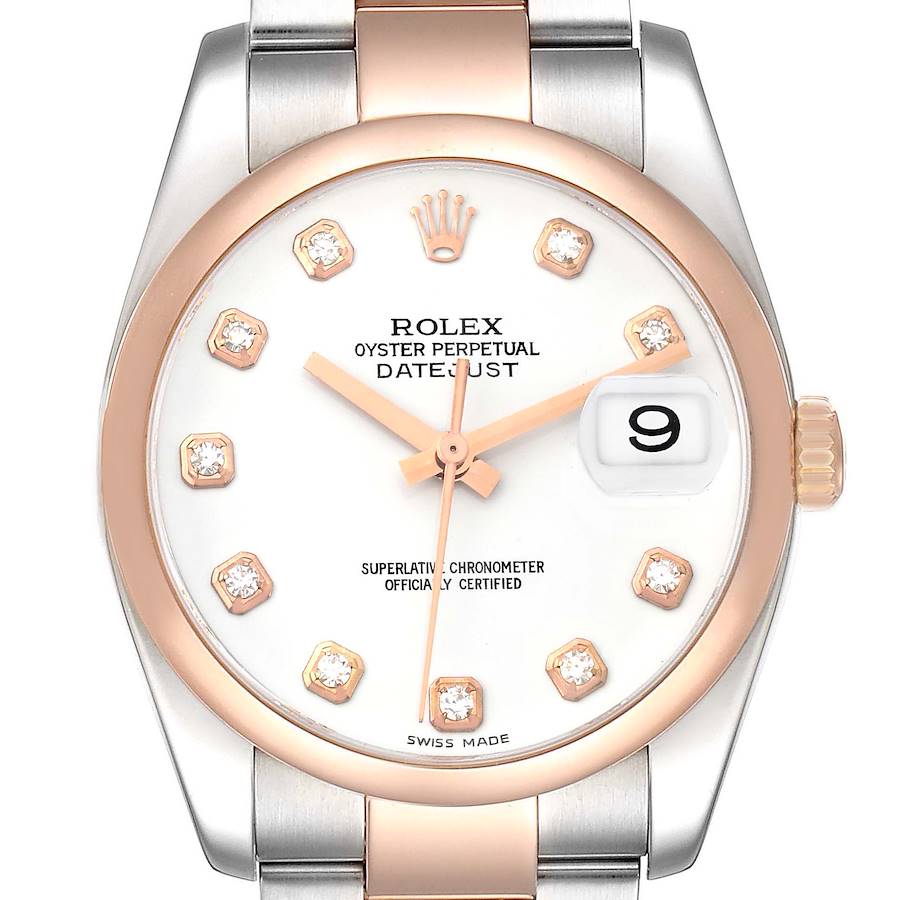Rolex Datejust Steel Rose Gold White Diamond Dial Mens Watch 116201 Box Papers SwissWatchExpo