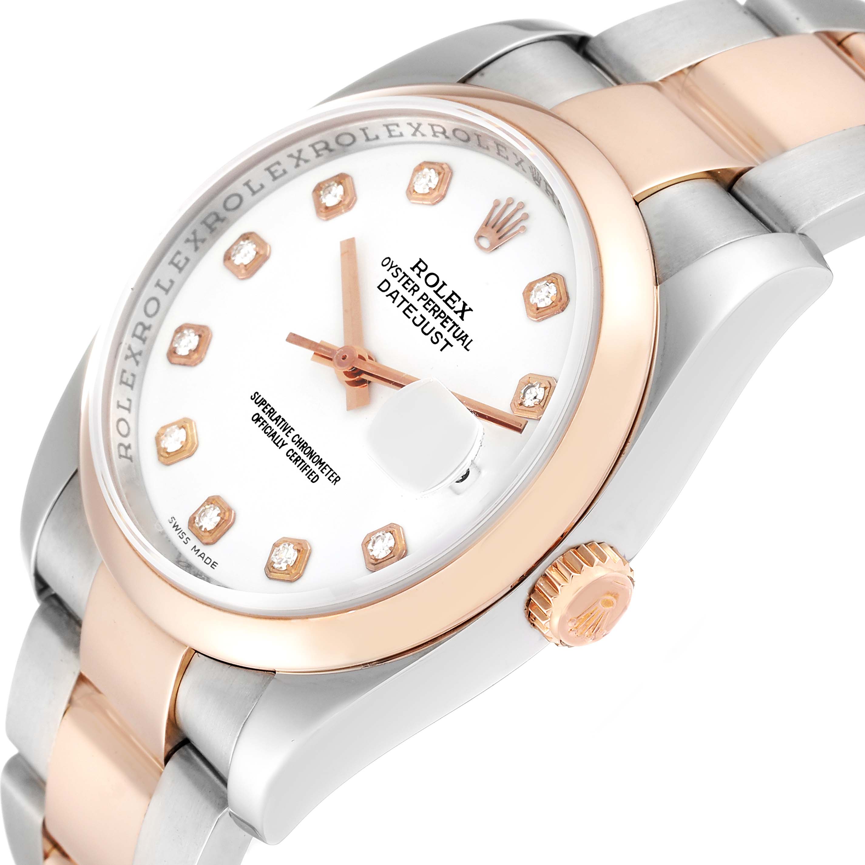 The Rolex Datejust 116201 Men's Steel and Gold (two tone) White Dial 116201 Men's Steel and Gold (two tone) White Dial watch is depicted at an angled side view, showcasing the dial, bezel, crown, and bracelet.