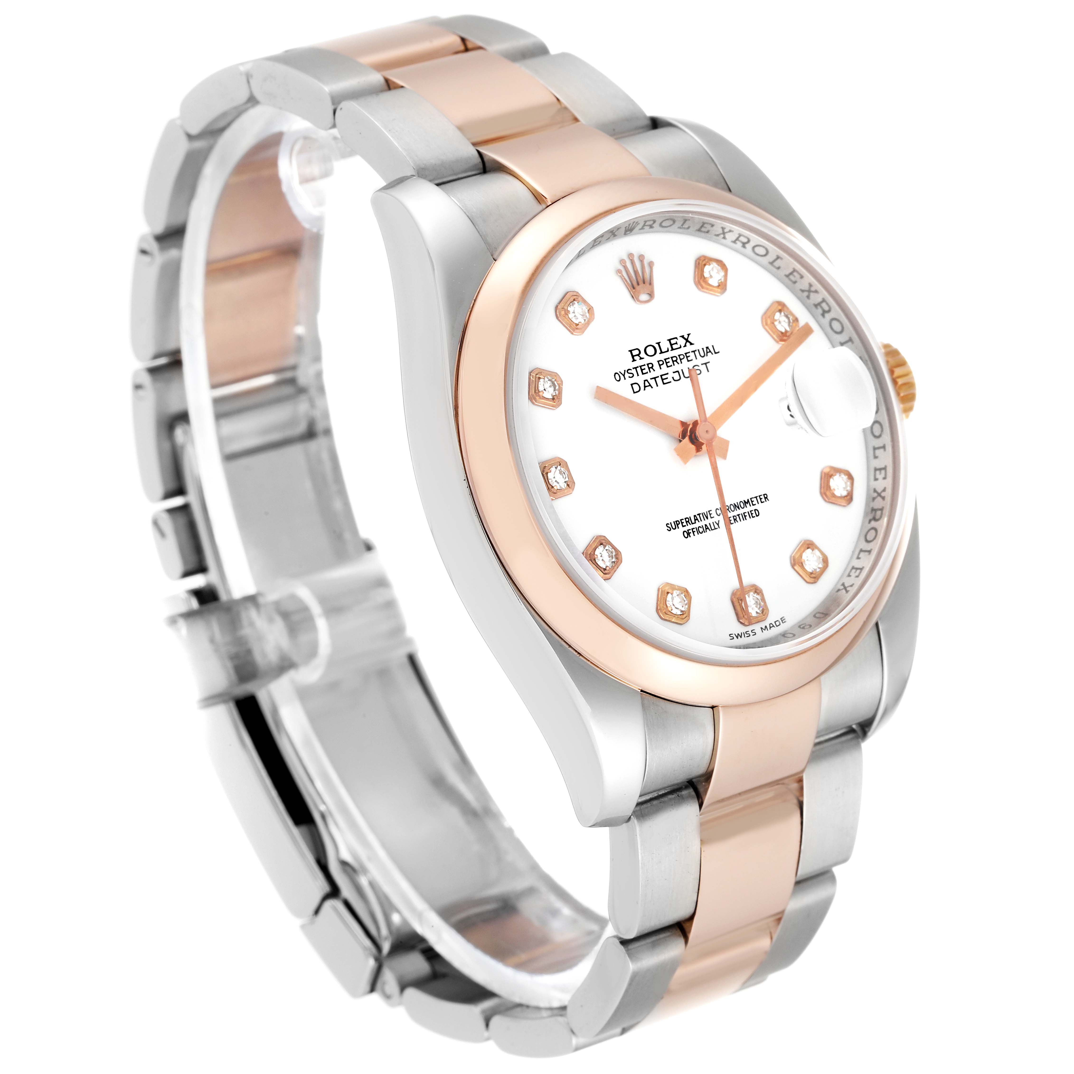 The image shows a Rolex Datejust 116201 Men's Steel and Gold (two tone) White Dial 116201 Men's Steel and Gold (two tone) White Dial watch at an angle highlighting the face, bezel, and part of the two-tone band.