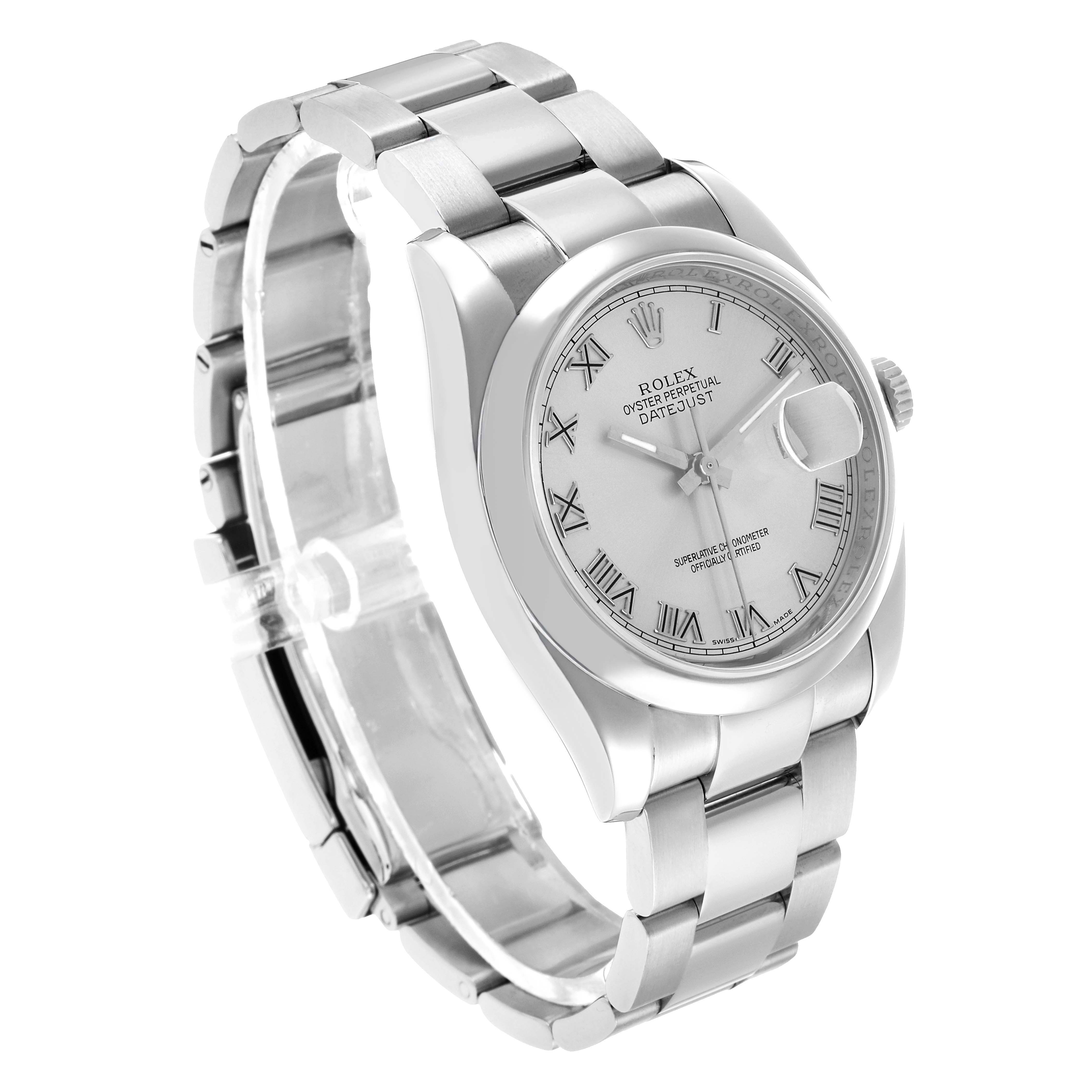 The Rolex Datejust 116200 Men's Stainless Steel Silver Dial watch is shown at a slight angle, highlighting the dial, bezel, and part of the bracelet.