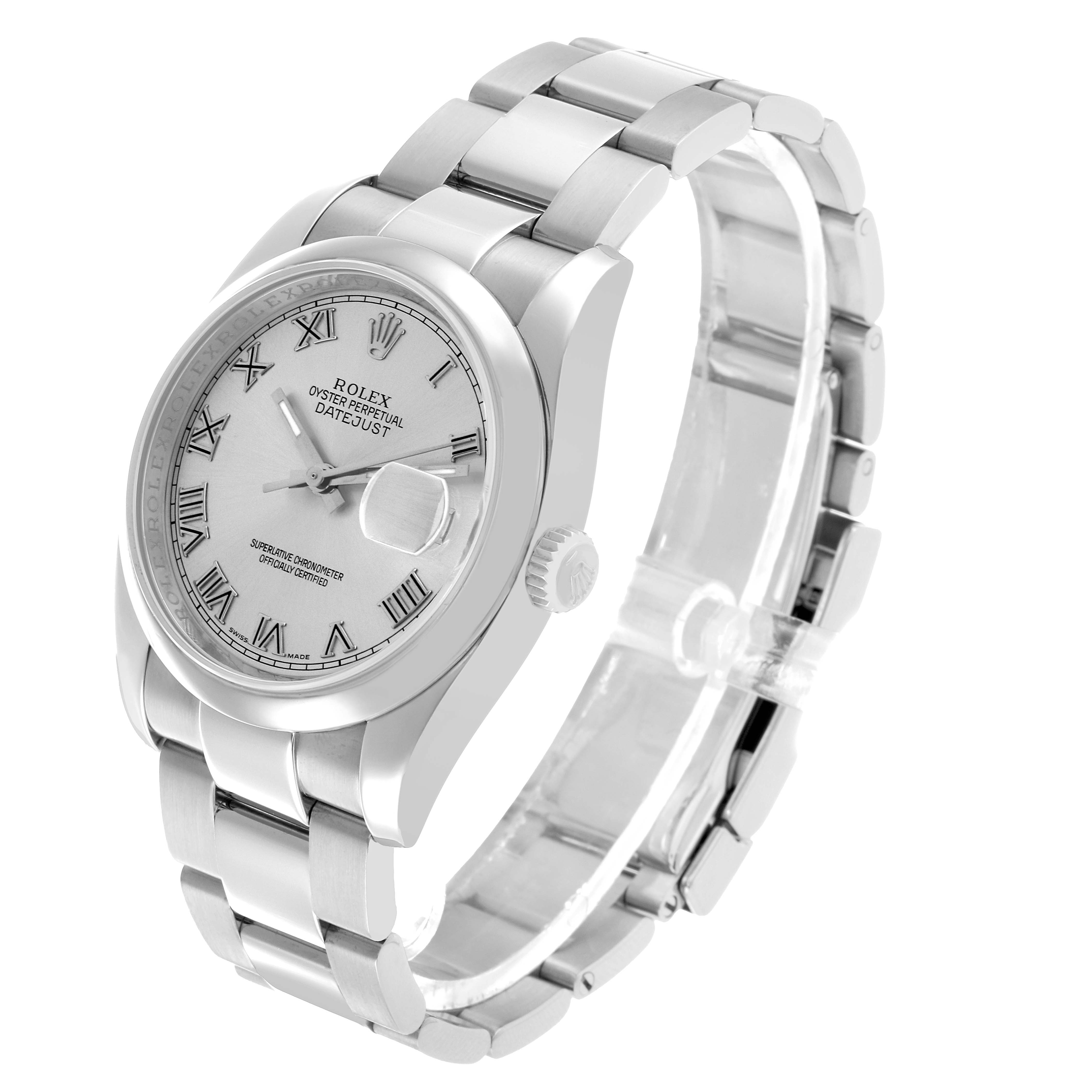 The Rolex Datejust 116200 Men's Stainless Steel Silver Dial watch is shown at an angle highlighting its face, bezel, and bracelet.