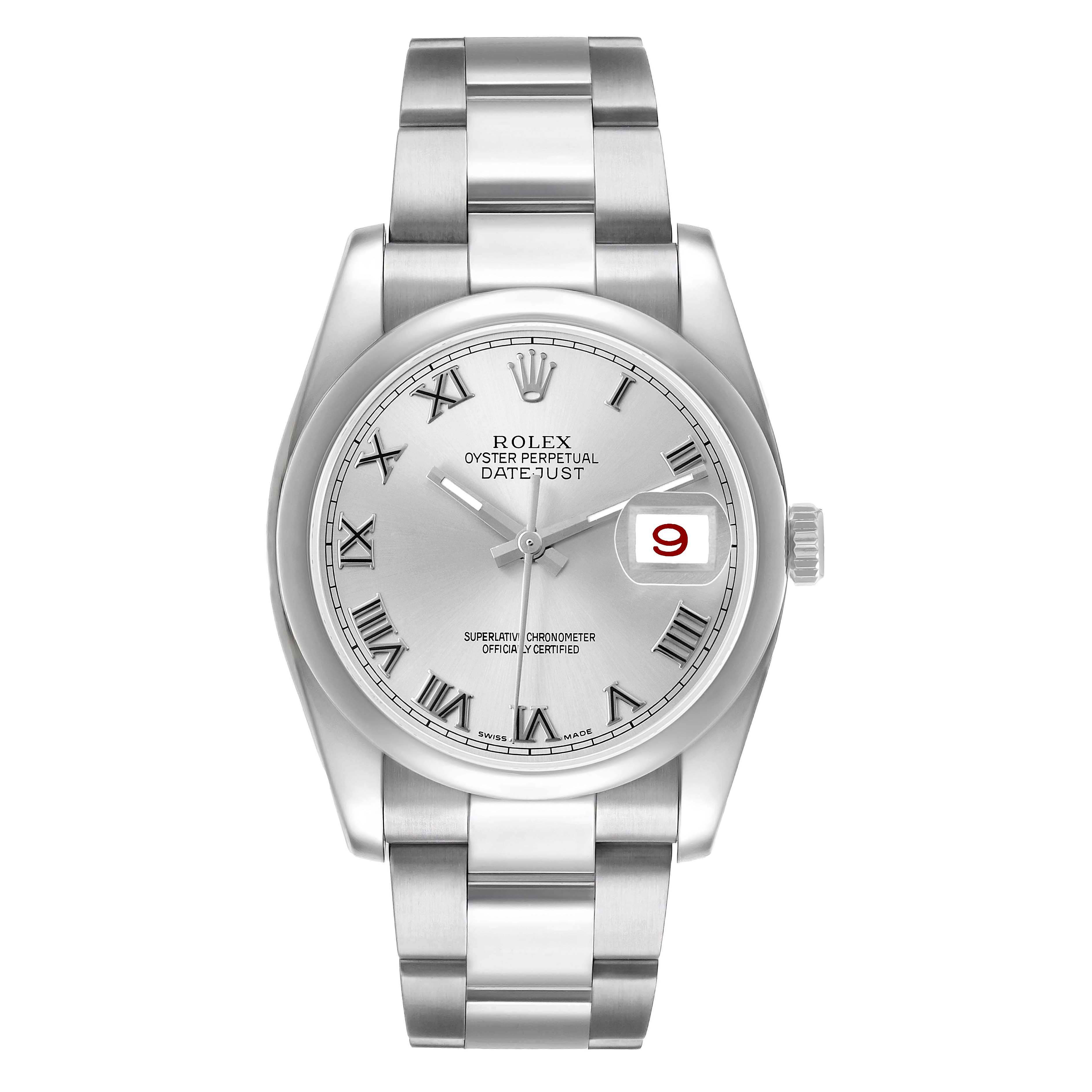 The Rolex Datejust 116200 Men's Stainless Steel Silver Dial watch is shown from a front angle, displaying its face, bracelet, and crown.