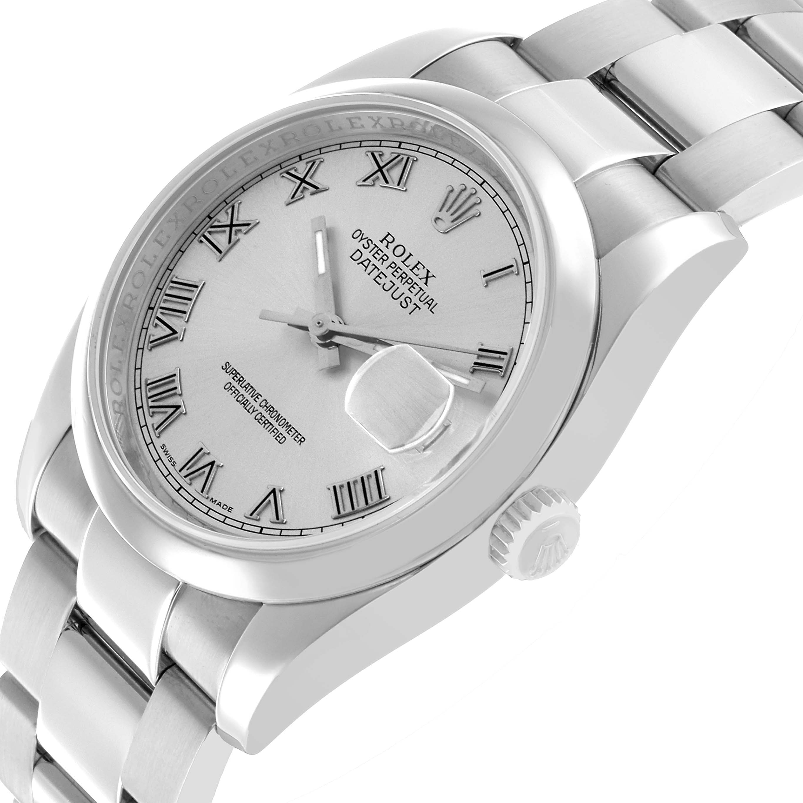 The Rolex Datejust 116200 Men's Stainless Steel Silver Dial is shown from a side angle, highlighting the case, crown, dial, and part of the bracelet.