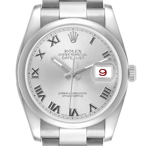 The Rolex Datejust 116200 Men's Stainless Steel Silver Dial is shown from a front angle, displaying the dial, Roman numerals, and date window.