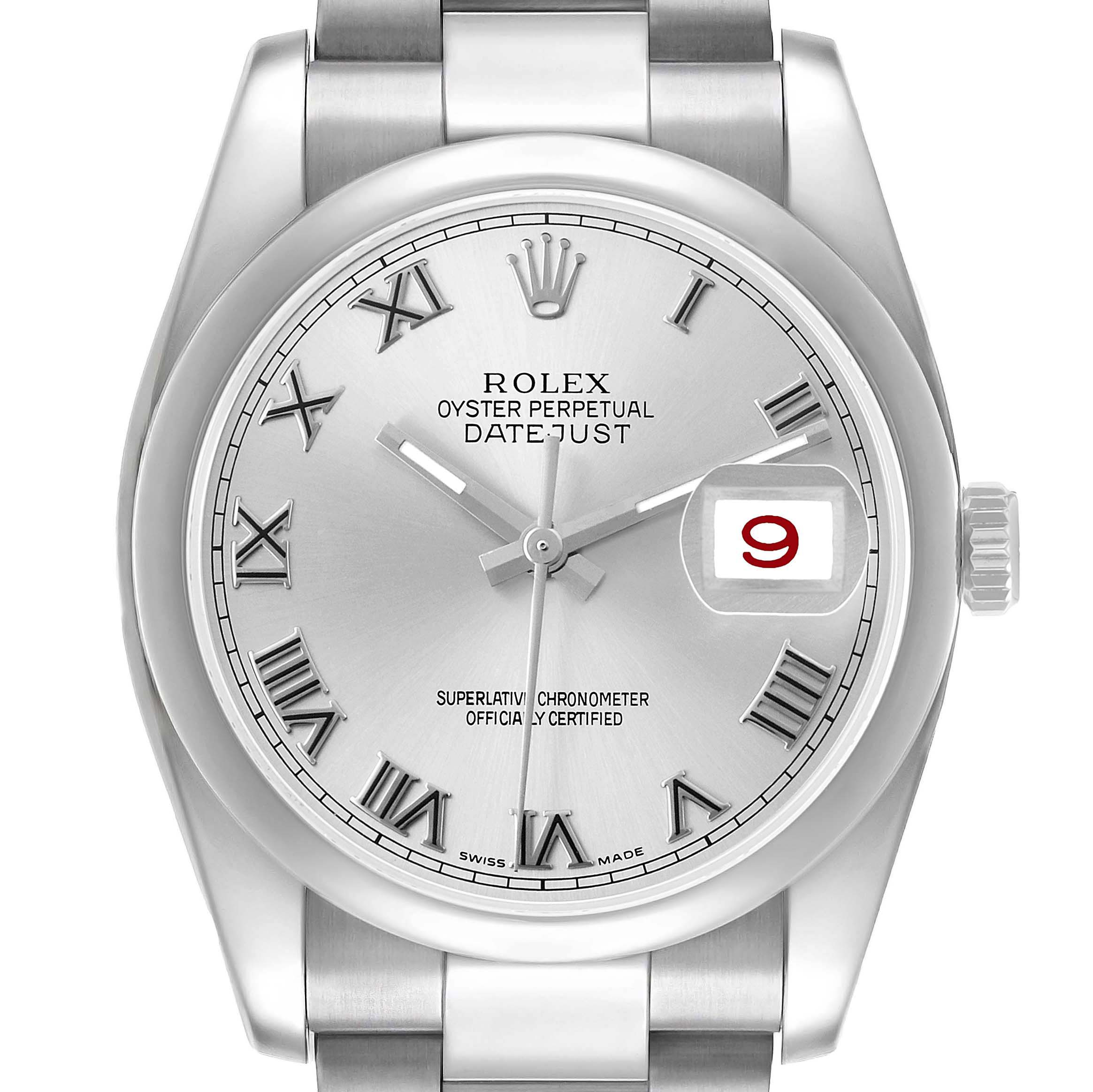 The image shows a Rolex Datejust 116200 Men's Stainless Steel Silver Dial watch from a front angle, highlighting its face, Roman numerals, and the date magnifier.
