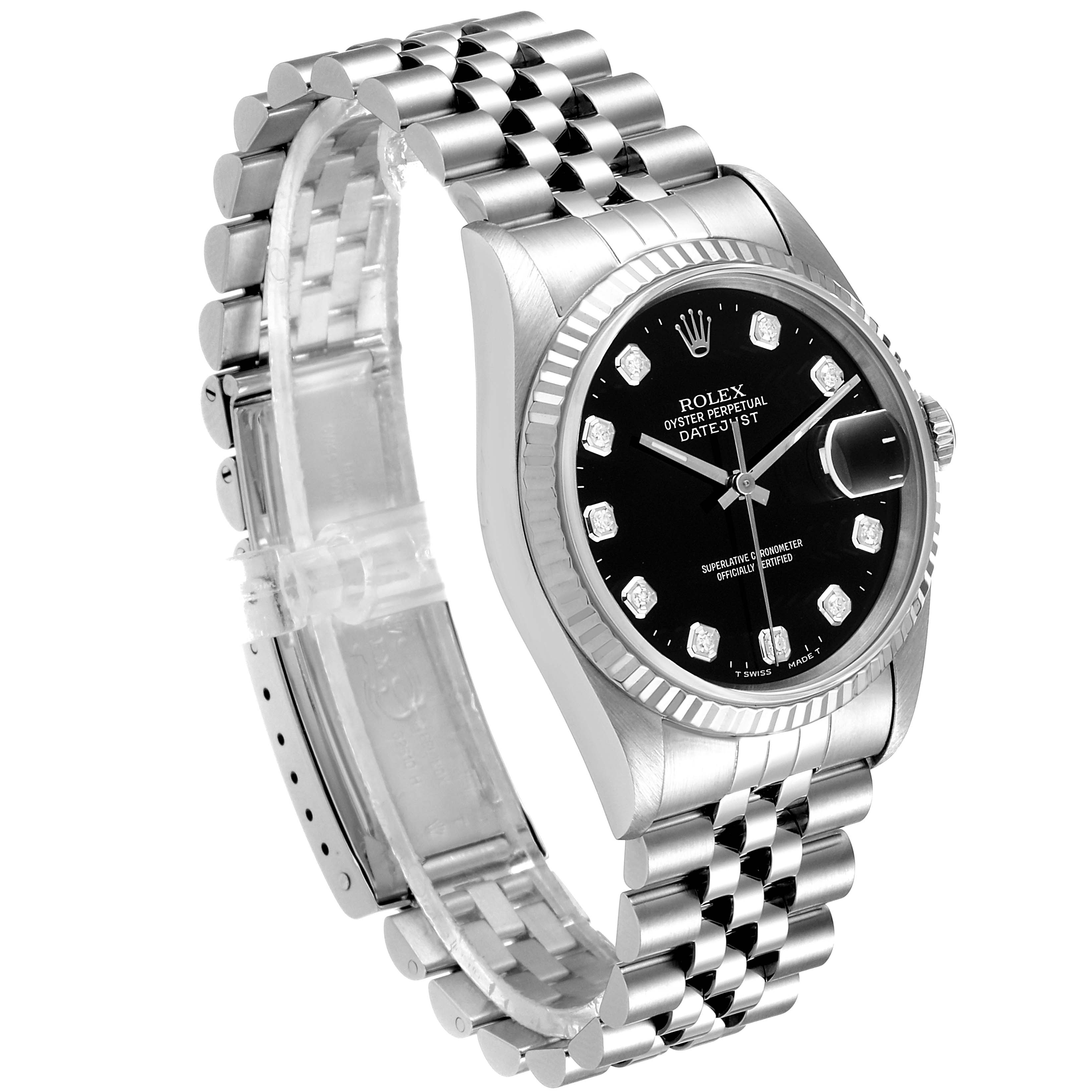 The Rolex Datejust 16234 Men
s Stainless Steel Black Dial 16234 Men
s Stainless Steel Black Dial watch is shown at an angled side view, featuring its black dial, fluted bezel, and jubilee bracelet.