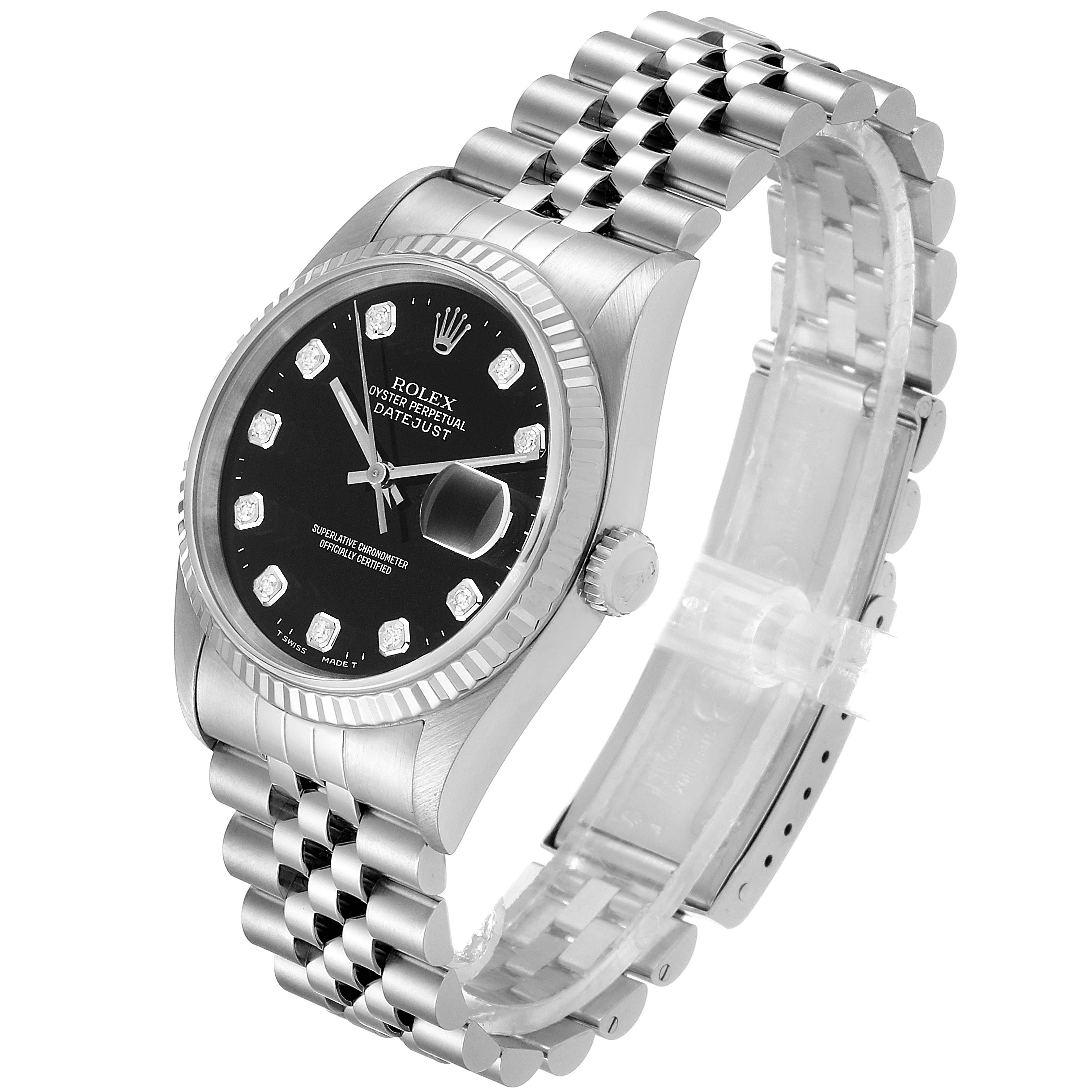 The Rolex Datejust 16234 Men
s Stainless Steel Black Dial 16234 Men
s Stainless Steel Black Dial watch is shown at a three-quarter angle, displaying its bezel, dial, crown, and jubilee bracelet.