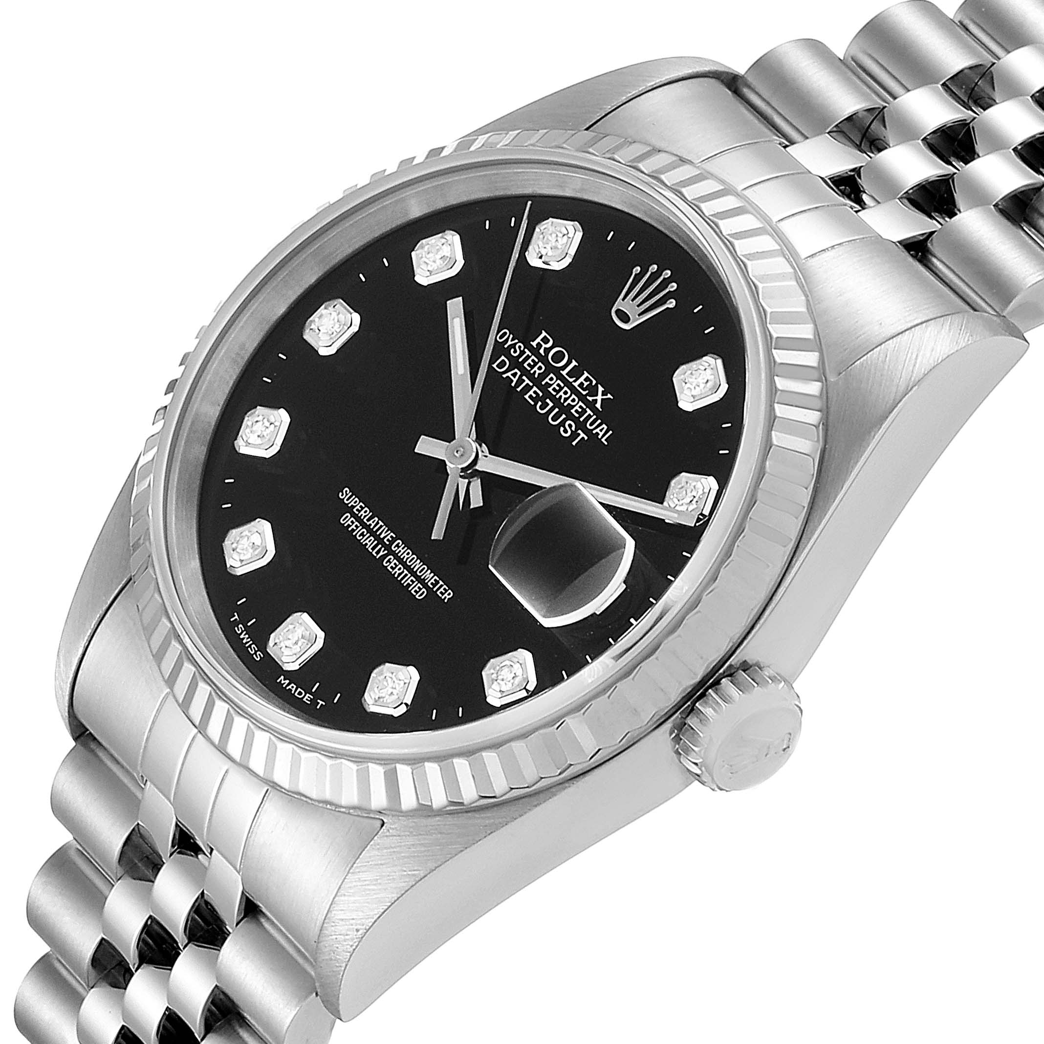 The image displays the Rolex Datejust 16234 Men
s Stainless Steel Black Dial 16234 Men
s Stainless Steel Black Dial watch at an angle showing the face, bezel, crown, and part of the bracelet.