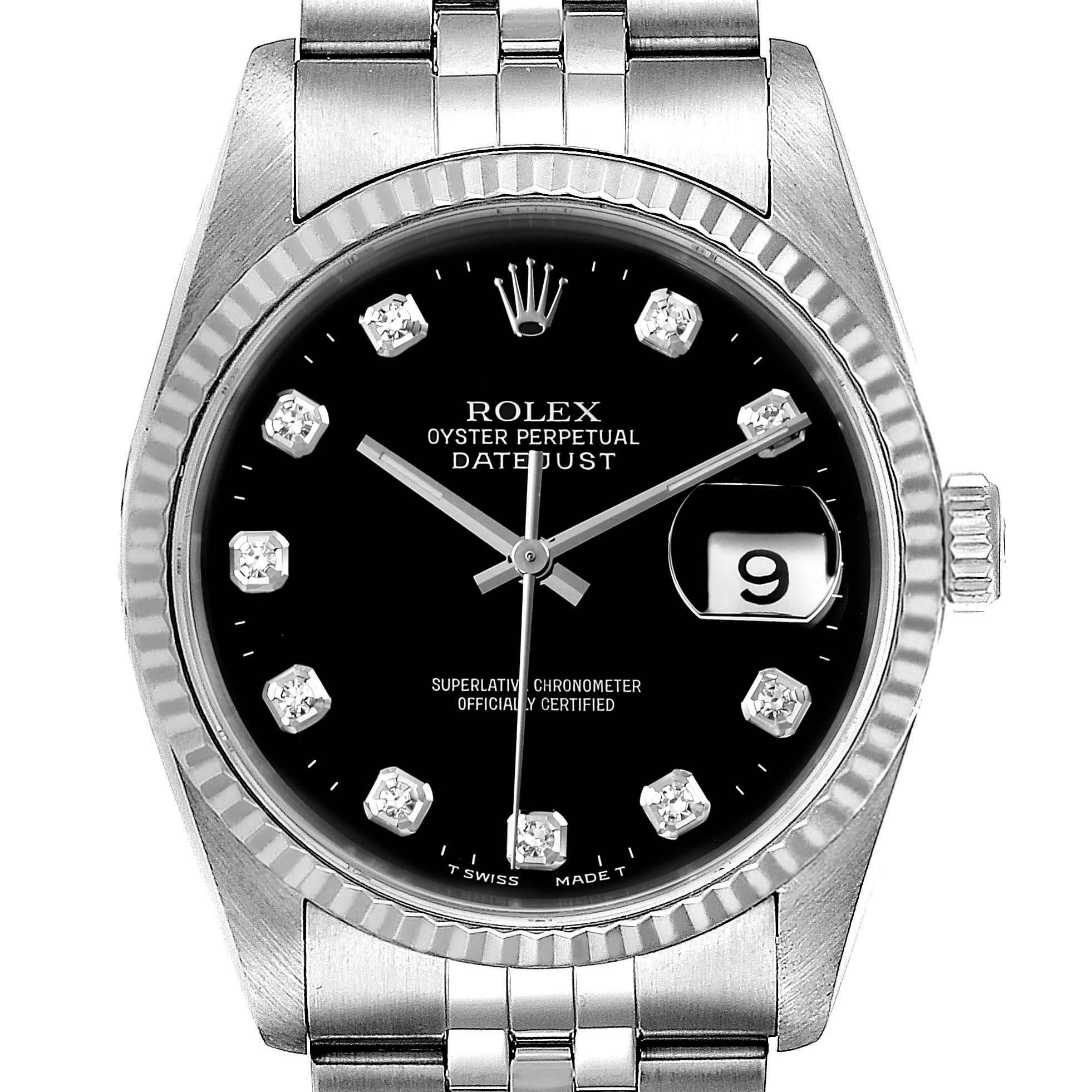 The image shows a front view of a Rolex Datejust 16234 Men
s Stainless Steel Black Dial 16234 Men
s Stainless Steel Black Dial watch, displaying the face, bezel, and part of the metal bracelet.