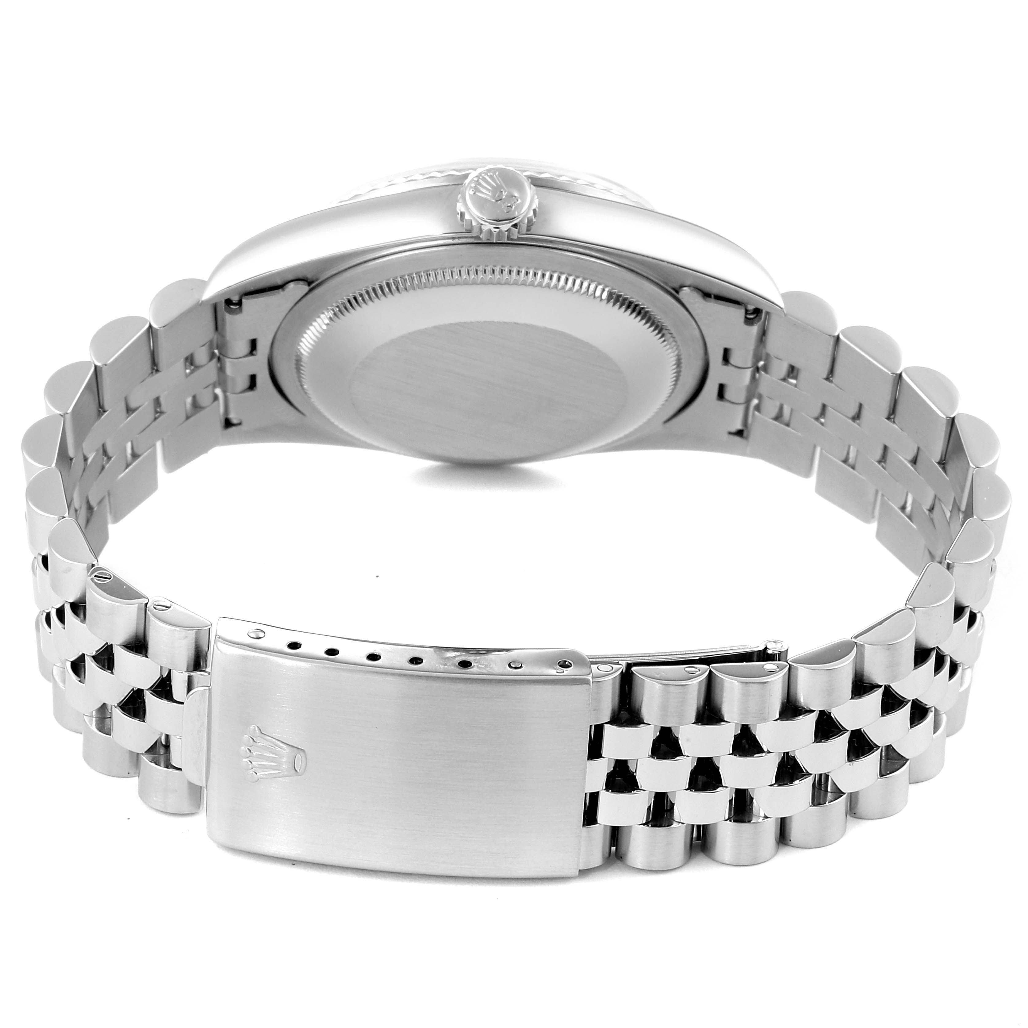 This image shows the Rolex Datejust 16234 Men
s Stainless Steel Black Dial 16234 Men
s Stainless Steel Black Dial watch from the rear, highlighting the case back, crown, and Jubilee bracelet with clasp.