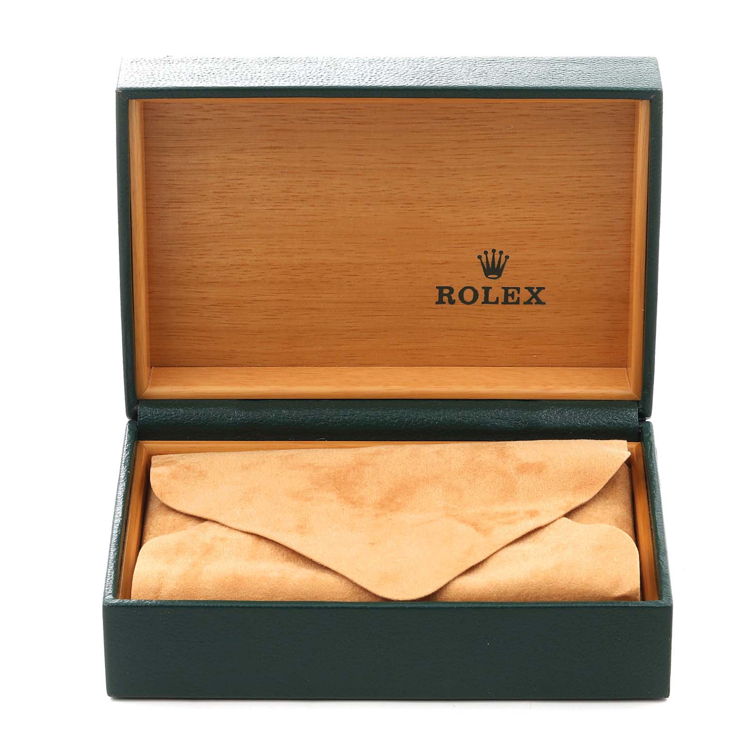 The image shows a Rolex Datejust 16234 Men
s Stainless Steel Black Dial 16234 Men
s Stainless Steel Black Dial watch box with an open lid, revealing a tan suede pouch inside.