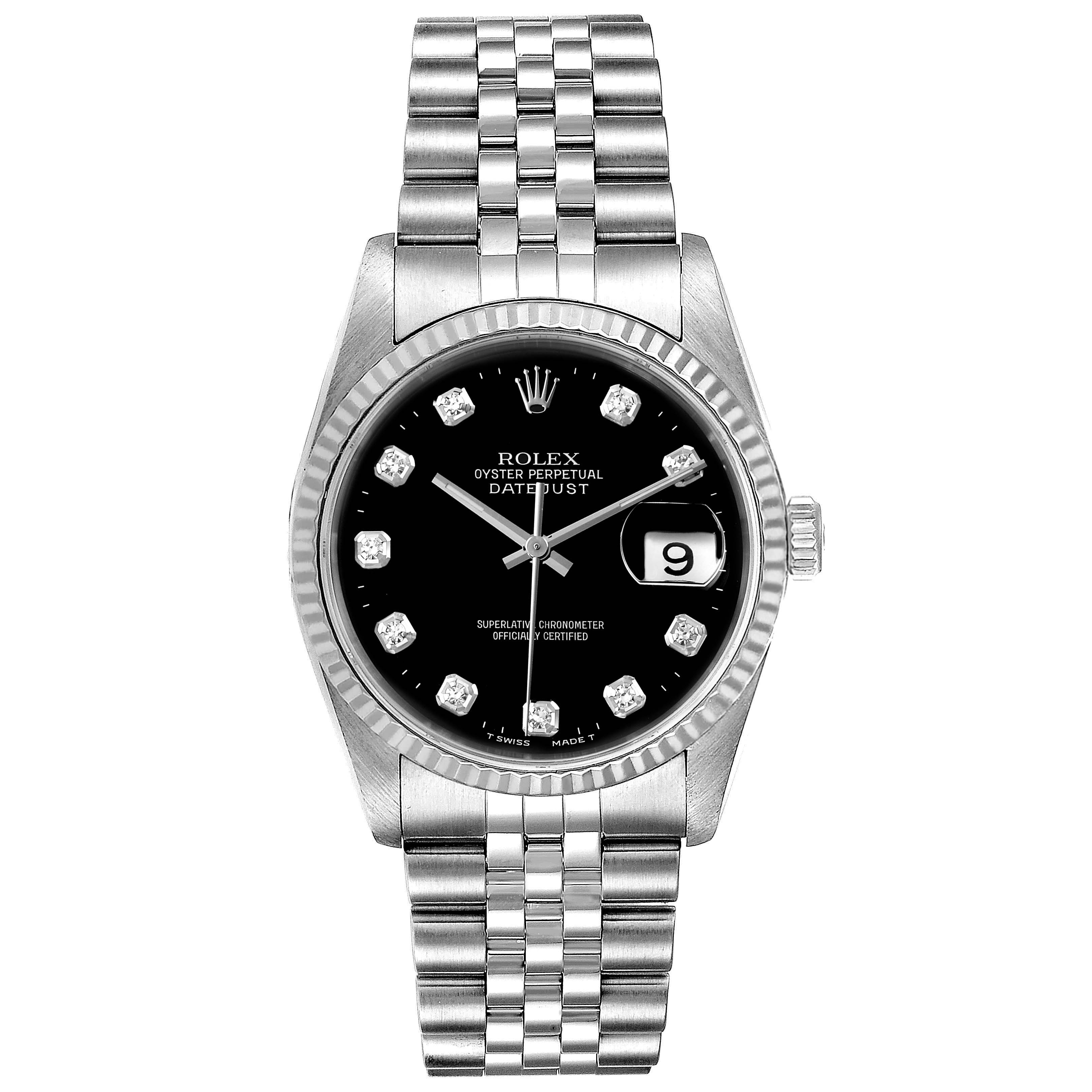 This image shows a front view of a Rolex Datejust 16234 Men
s Stainless Steel Black Dial 16234 Men
s Stainless Steel Black Dial watch, displaying its black dial, date window, and stainless steel bracelet.