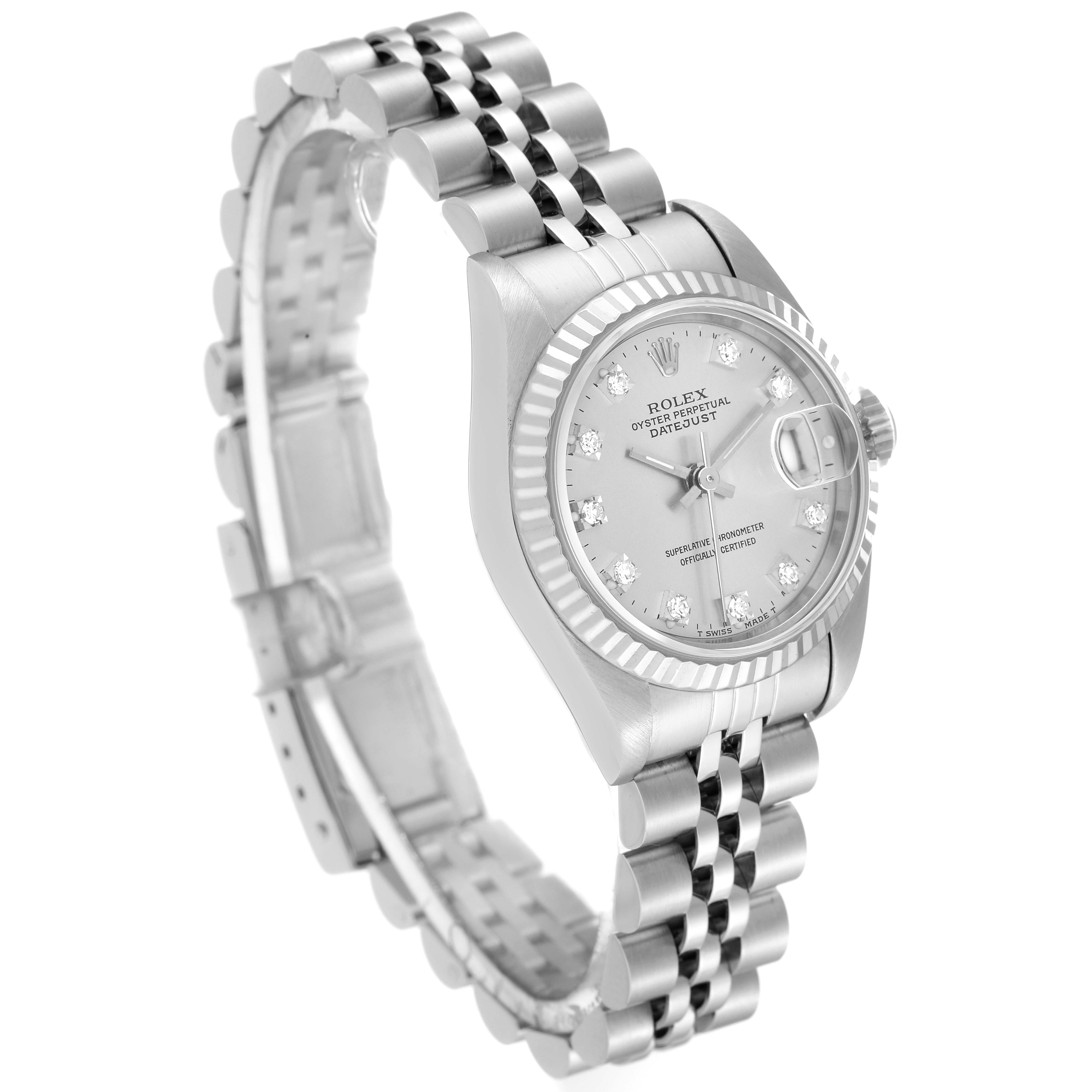 The image shows a side and front view of the Rolex Datejust 69174 Women's Stainless Steel Silver Dial 69174 Women's Stainless Steel Silver Dial model, highlighting its bracelet, bezel, dial, and date display.