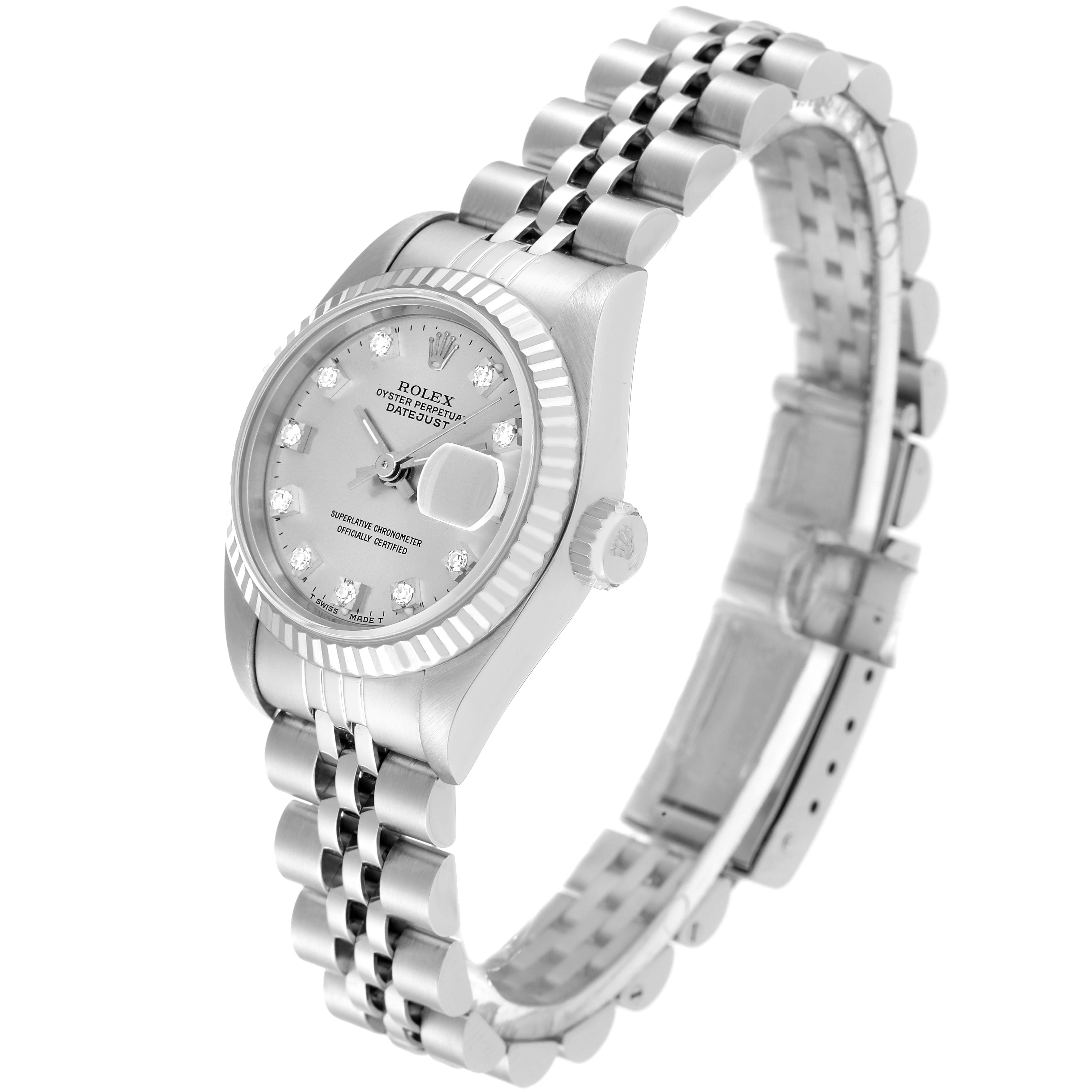 The Rolex Datejust 69174 Women's Stainless Steel Silver Dial 69174 Women's Stainless Steel Silver Dial watch is shown at an angle displaying the face, fluted bezel, crown, and Jubilee bracelet.