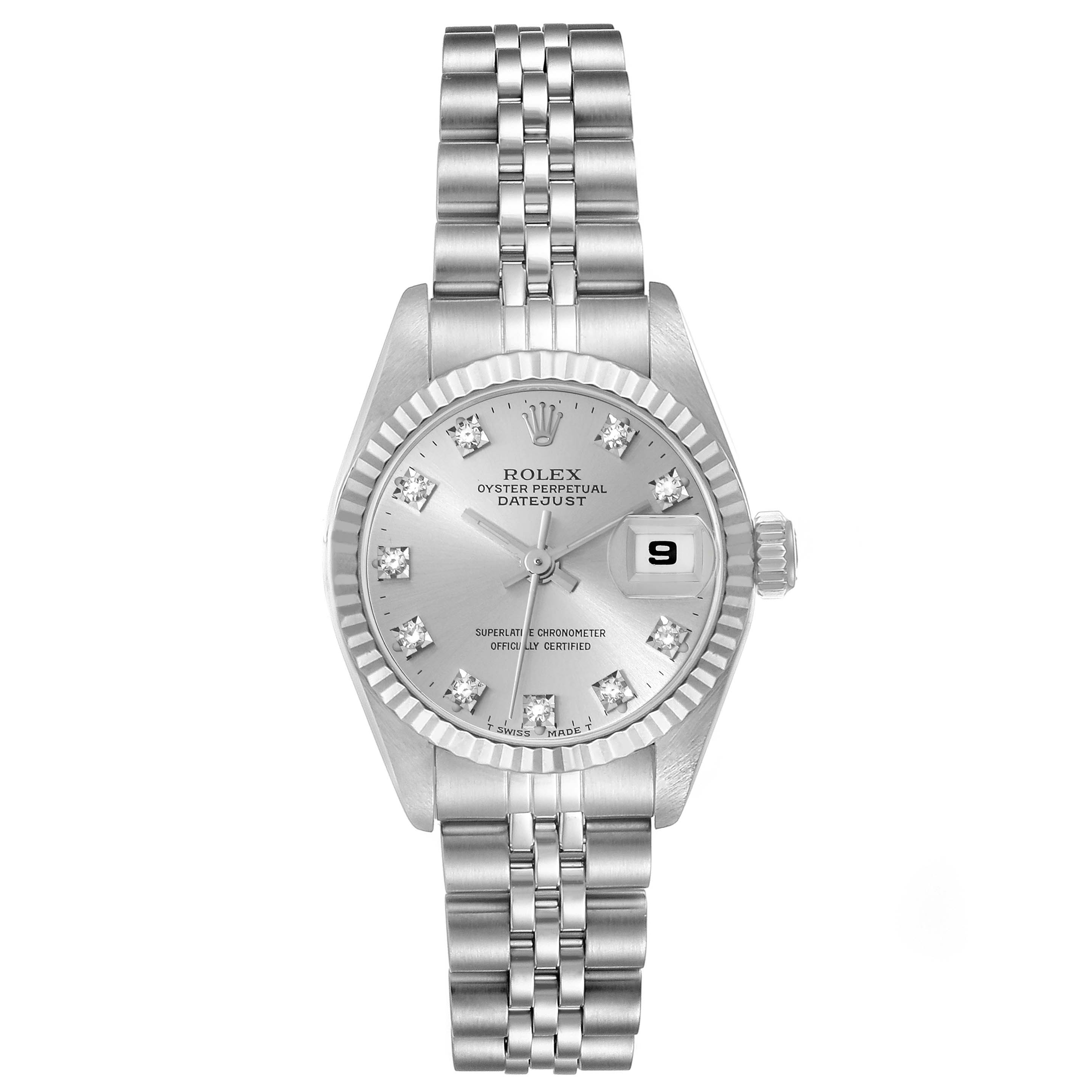 The image shows a front view of a Rolex Datejust 69174 Women's Stainless Steel Silver Dial 69174 Women's Stainless Steel Silver Dial watch, displaying the dial, bracelet, and date window.