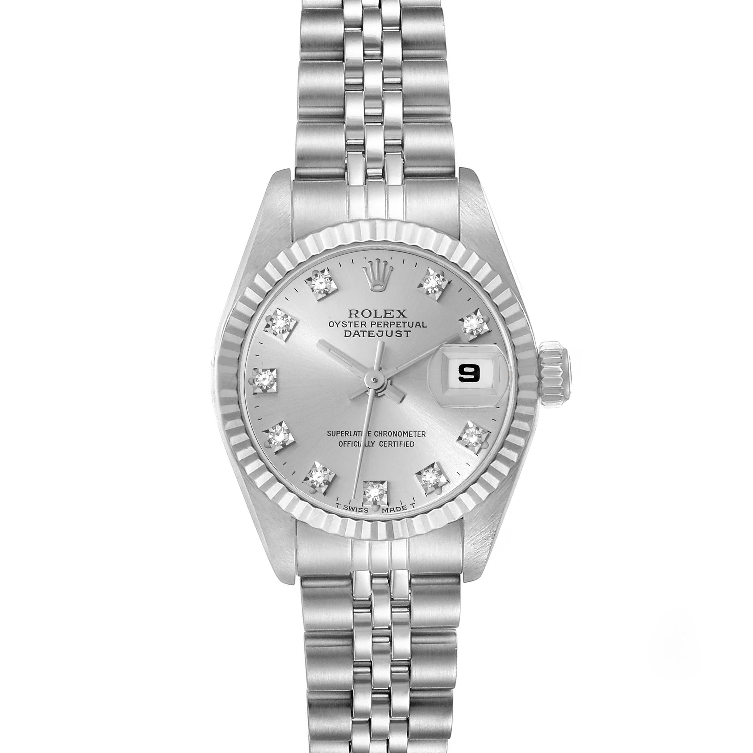 This Rolex Datejust 69174 Women's Stainless Steel Silver Dial 69174 Women's Stainless Steel Silver Dial watch is shown from a top-down angle, displaying the face, bezel, and part of the bracelet.