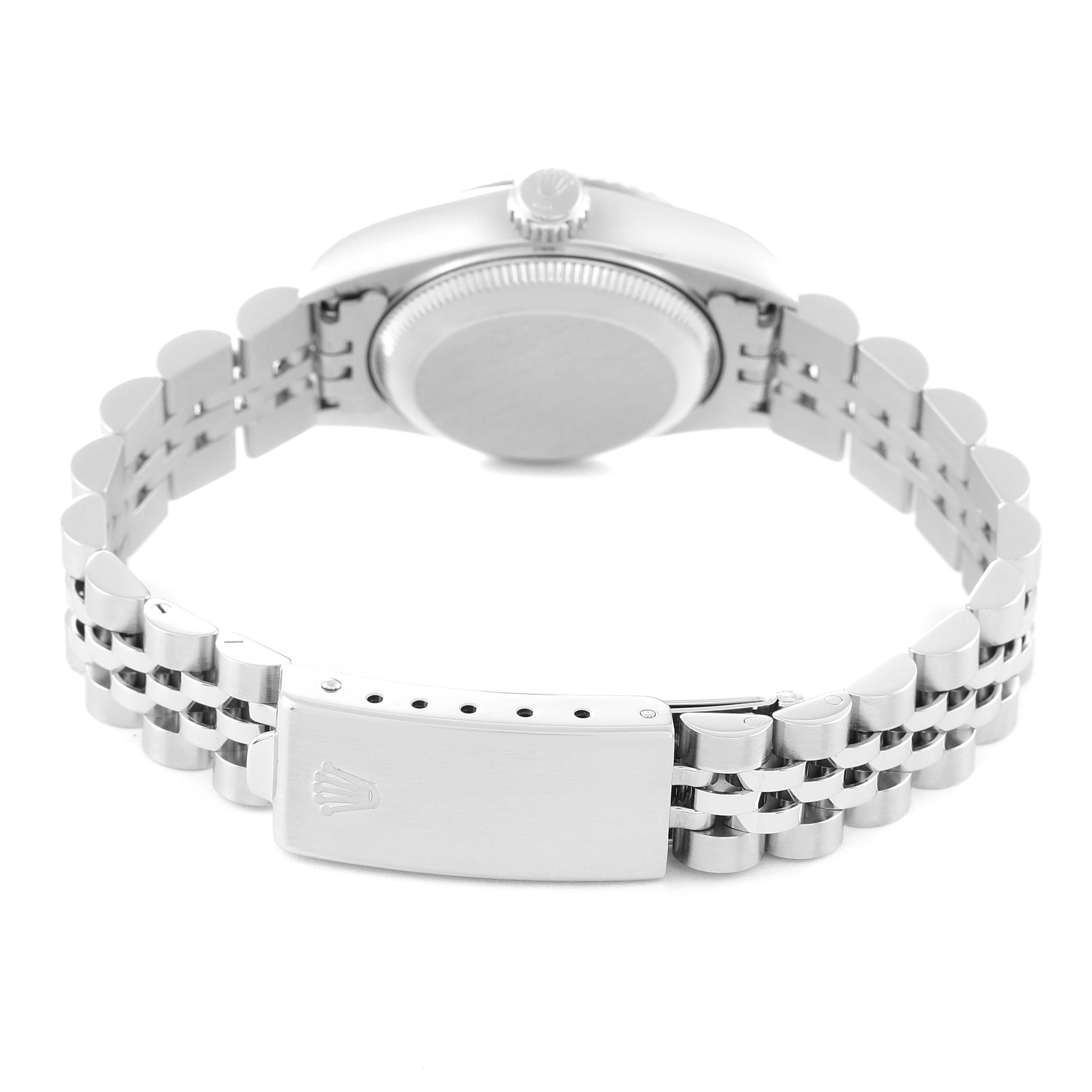 This image shows the back view of the Rolex Datejust 69174 Women's Stainless Steel Silver Dial 69174 Women's Stainless Steel Silver Dial watch, focusing on the bracelet and clasp.