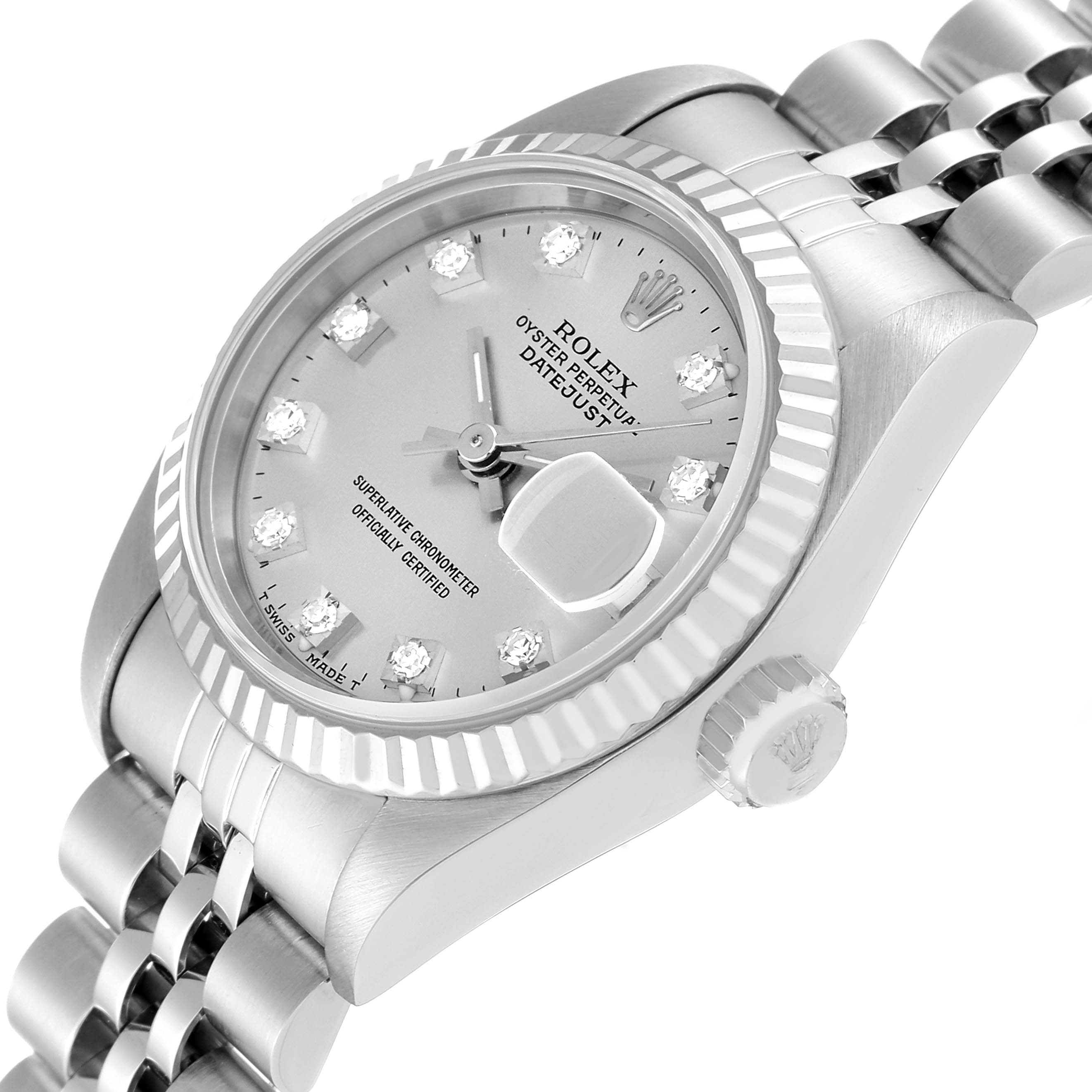 This image shows a Rolex Datejust 69174 Women's Stainless Steel Silver Dial 69174 Women's Stainless Steel Silver Dial watch from an oblique angle, highlighting the dial, bezel, crown, and bracelet.