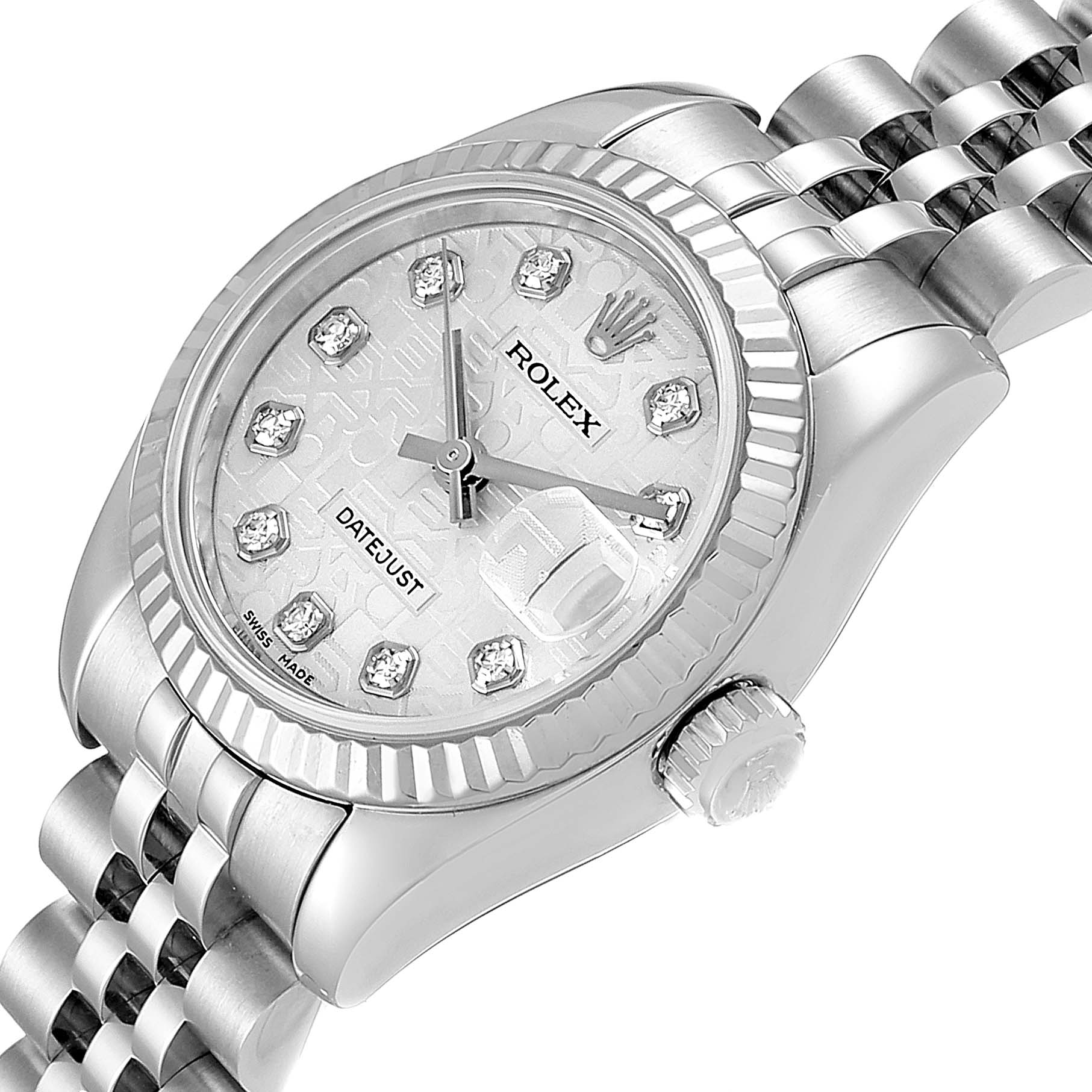 This image shows a close-up angled view of the Rolex Datejust 179174 Women's Stainless Steel Silver Dial 179174 Women's Stainless Steel Silver Dial watch, displaying the dial, bezel, crown, and part of the bracelet.