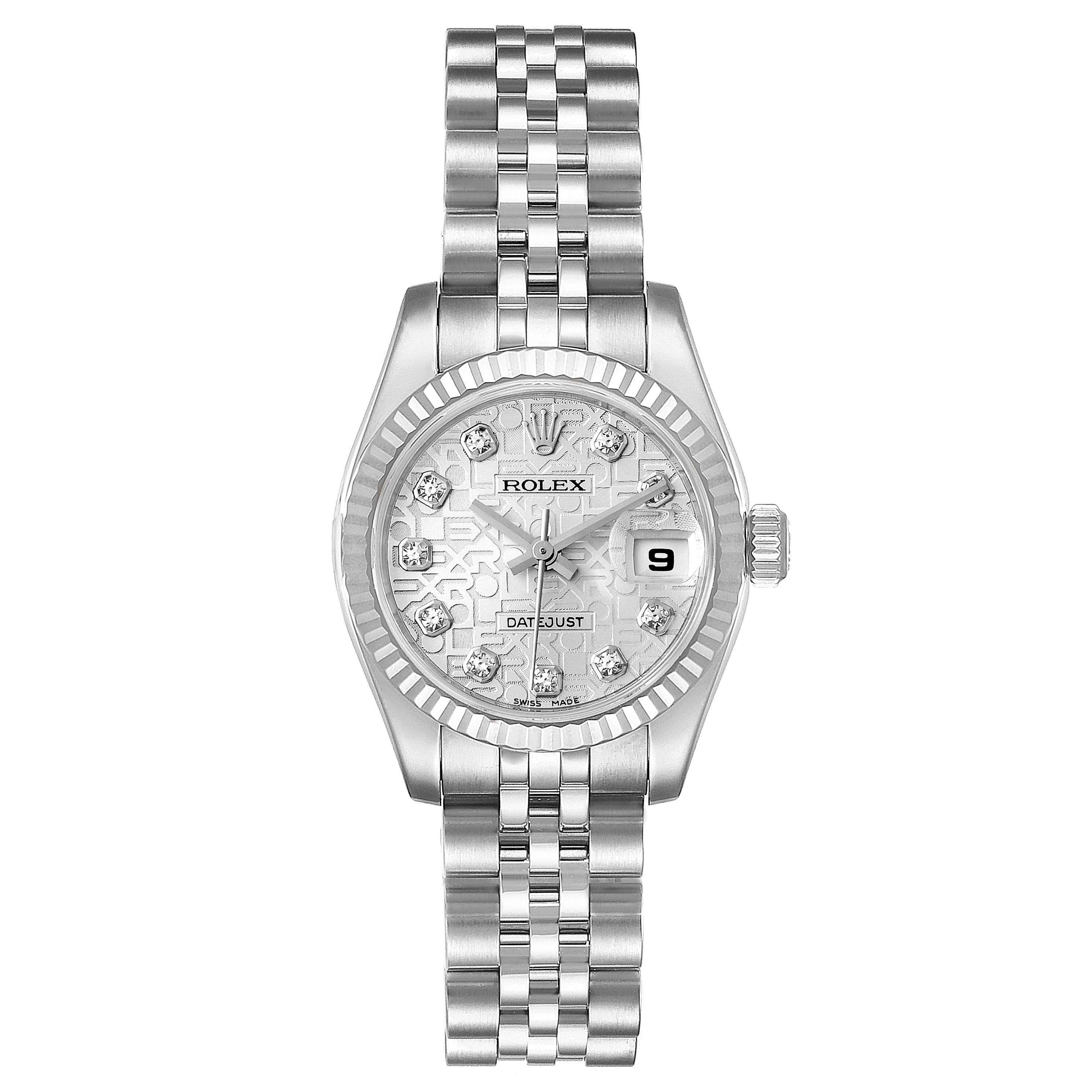This image shows a Rolex Datejust 179174 Women's Stainless Steel Silver Dial 179174 Women's Stainless Steel Silver Dial watch from a straight-on angle, displaying its dial, bezel, bracelet, and date window.