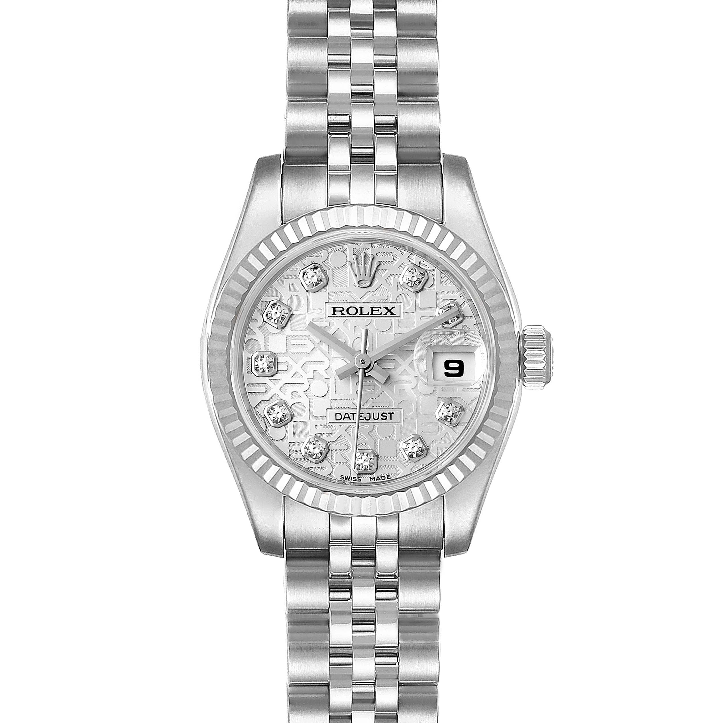 The image shows a front view of the Rolex Datejust 179174 Women's Stainless Steel Silver Dial 179174 Women's Stainless Steel Silver Dial watch, highlighting its dial, bezel, bracelet, and date window.