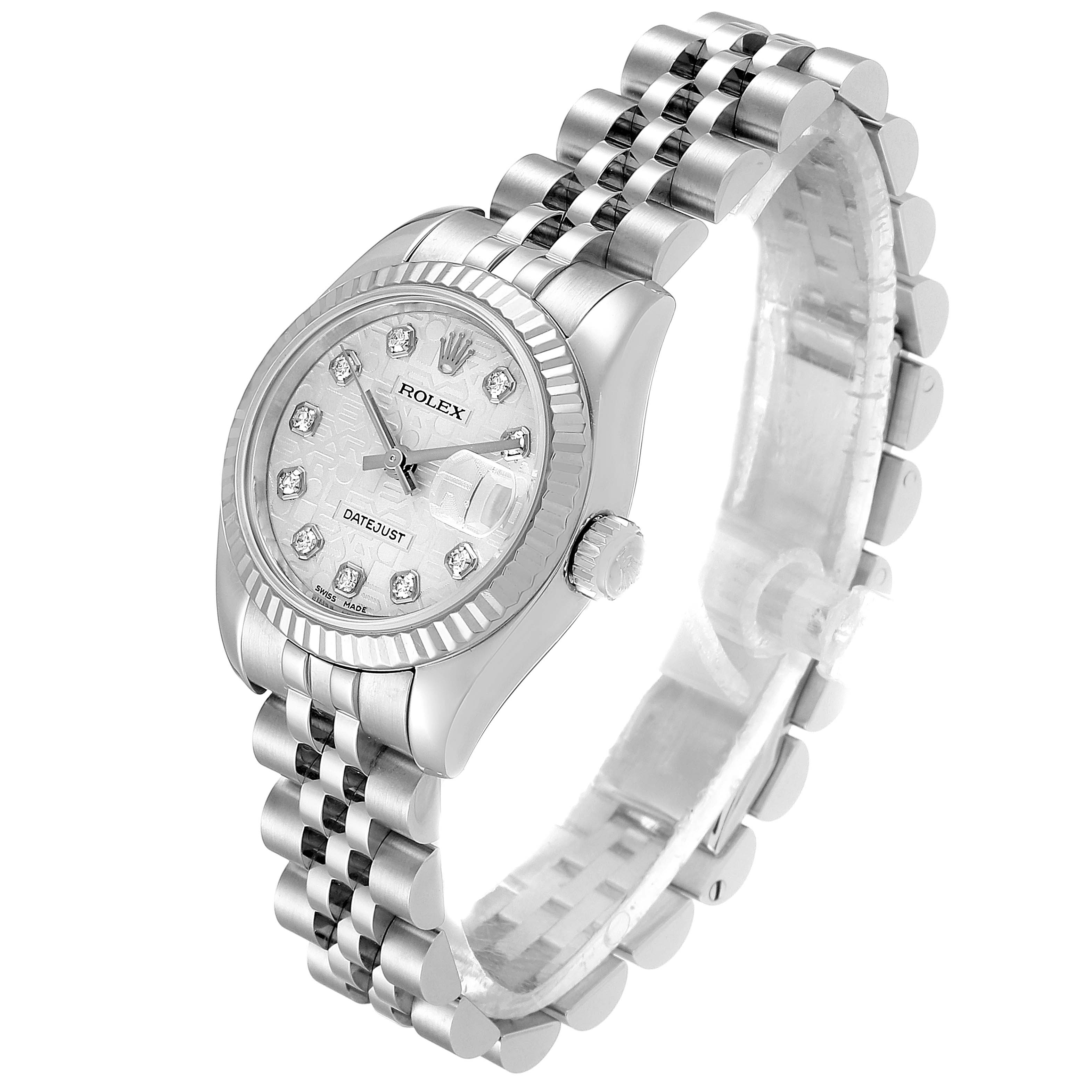 The Rolex Datejust 179174 Women's Stainless Steel Silver Dial 179174 Women's Stainless Steel Silver Dial watch is shown at a three-quarter angle, illustrating the dial, bezel, crown, and bracelet.