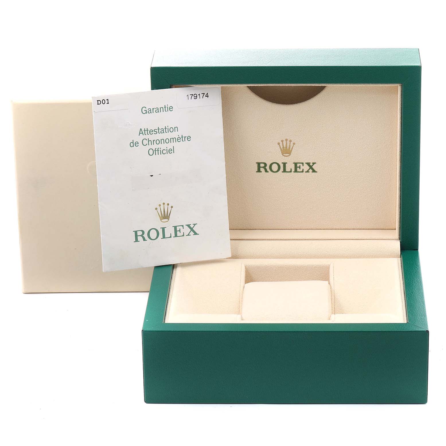 This image shows a Rolex Datejust 179174 Women's Stainless Steel Silver Dial 179174 Women's Stainless Steel Silver Dial watch box and guarantee card from a front angle.