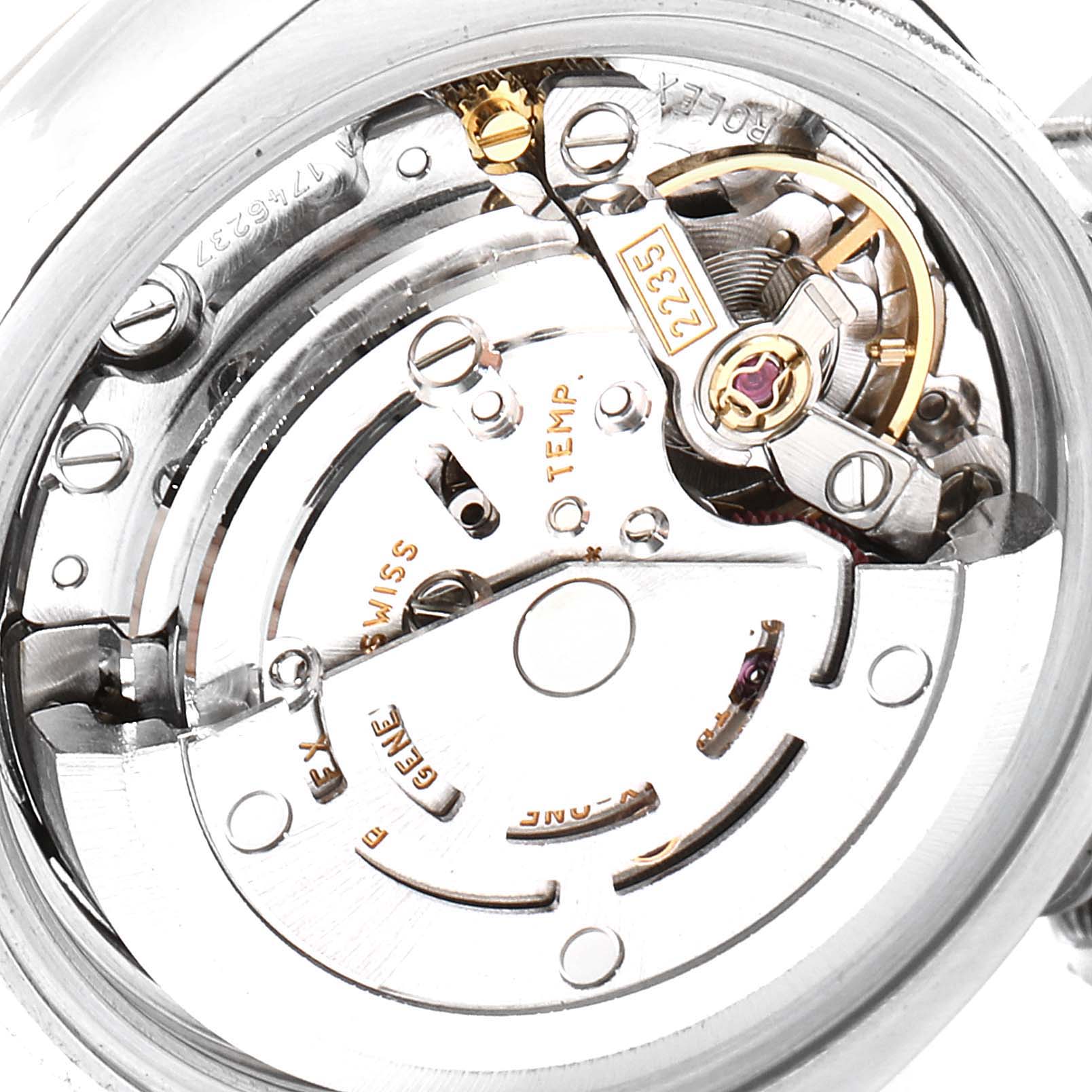 This image shows the inner mechanical movement of a Rolex Datejust 179174 Women's Stainless Steel Silver Dial 179174 Women's Stainless Steel Silver Dial watch from a close-up, top-down angle.