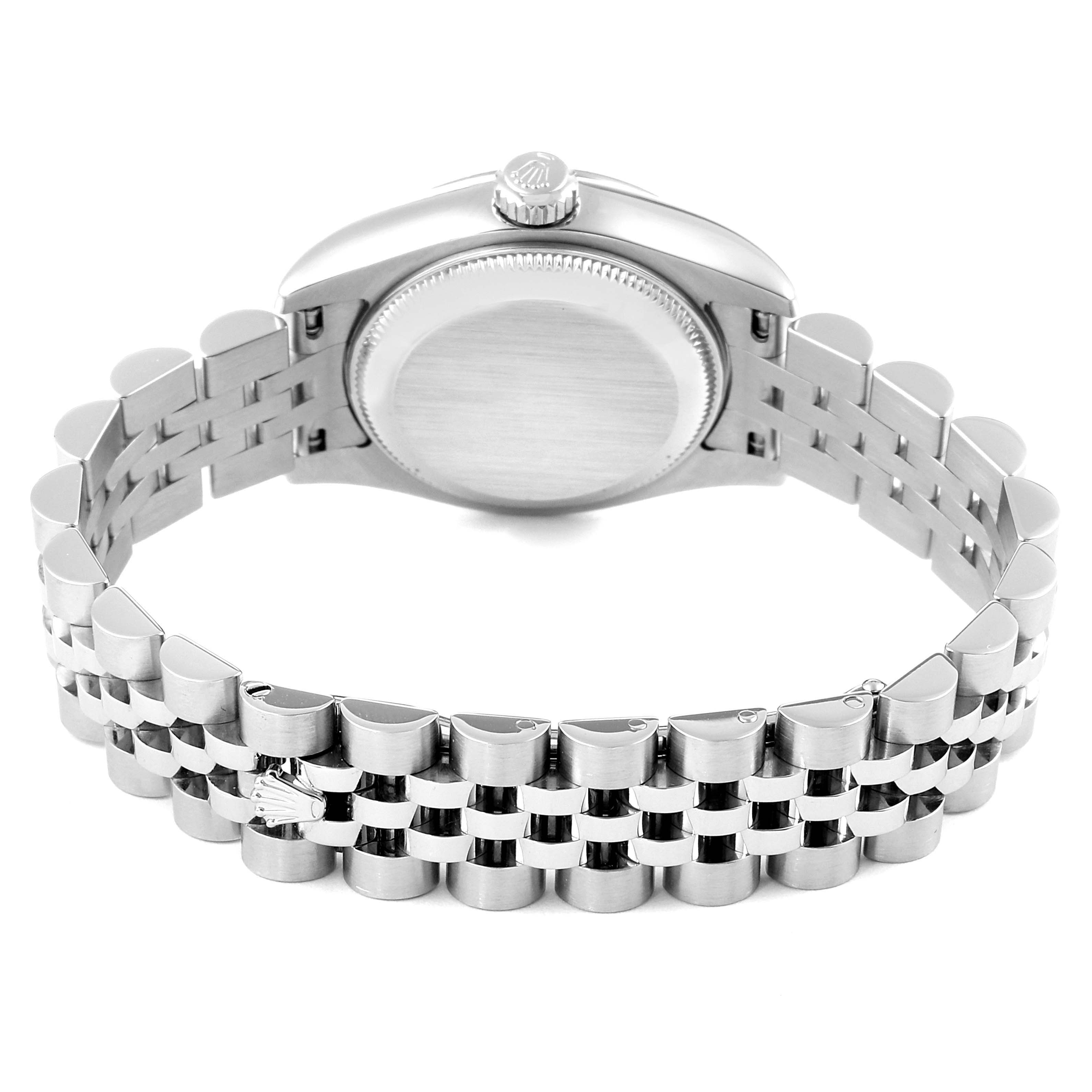 The image shows the back view of a Rolex Datejust 179174 Women's Stainless Steel Silver Dial 179174 Women's Stainless Steel Silver Dial watch, highlighting the case back and Jubilee bracelet.