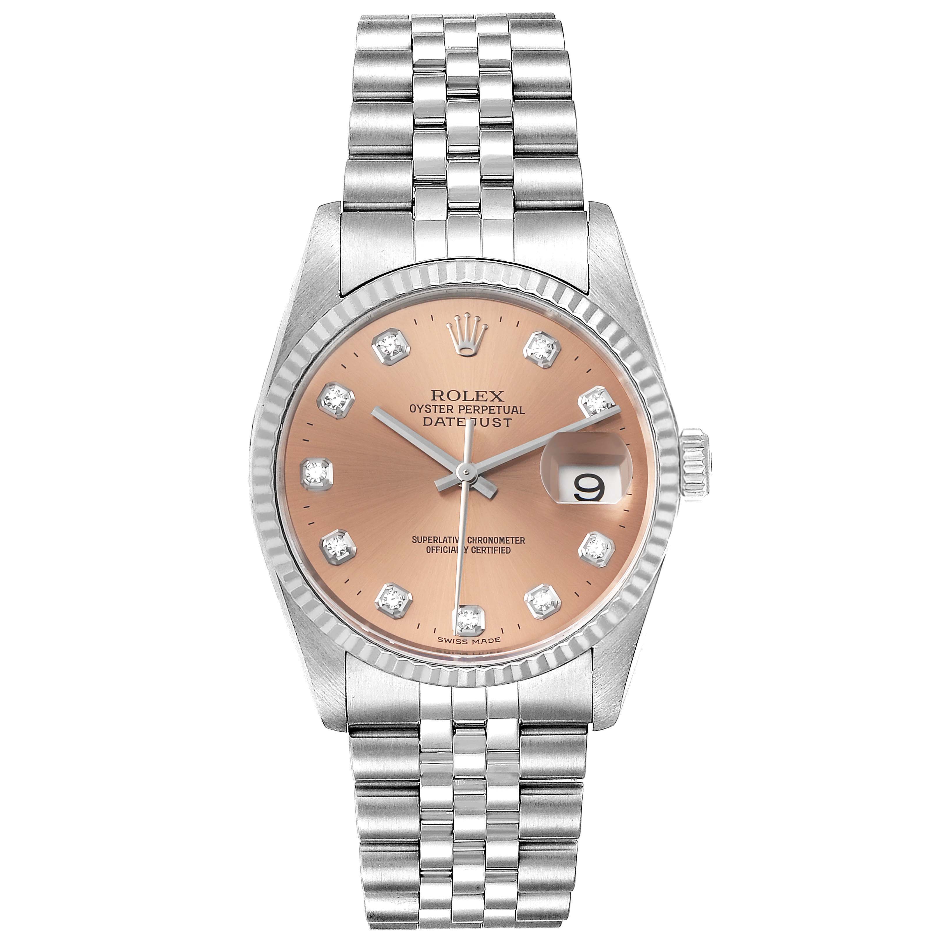 The image shows a frontal view of a Rolex Datejust 16234 Men's Stainless Steel Pink Dial 16234 Men's Stainless Steel Pink Dial watch displaying the dial, bezel, and bracelet.