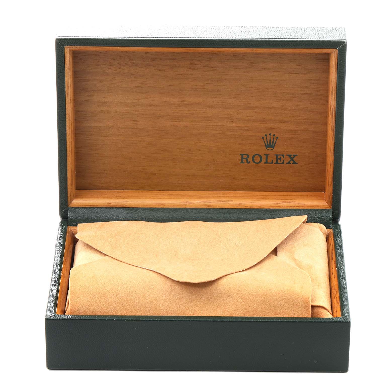 This image shows a wooden and leather Rolex box with a protective suede pouch, commonly used for housing the Datejust model.