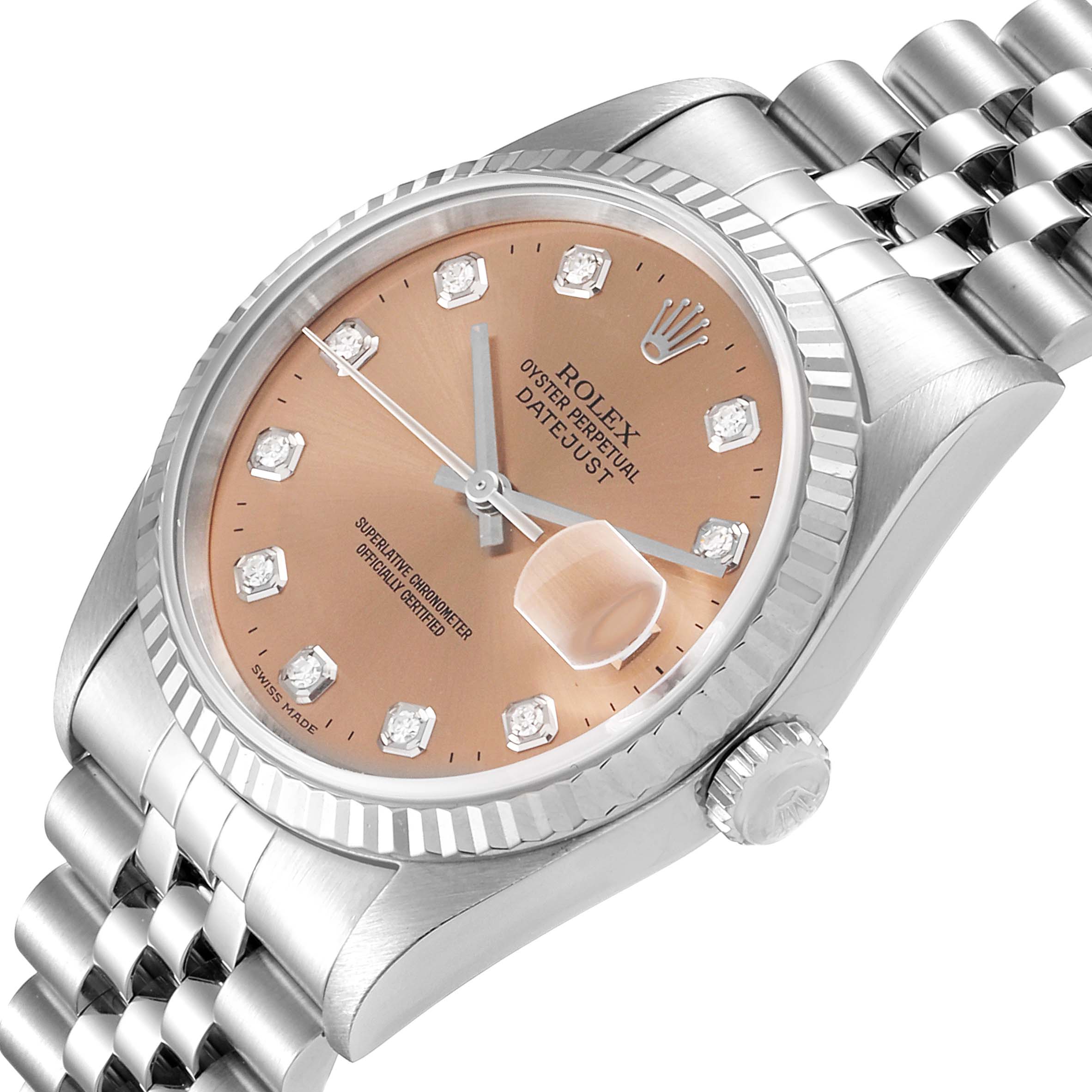 This image shows a front angle of the Rolex Datejust 16234 Men's Stainless Steel Pink Dial 16234 Men's Stainless Steel Pink Dial watch, highlighting its dial, fluted bezel, crown, and jubilee bracelet.