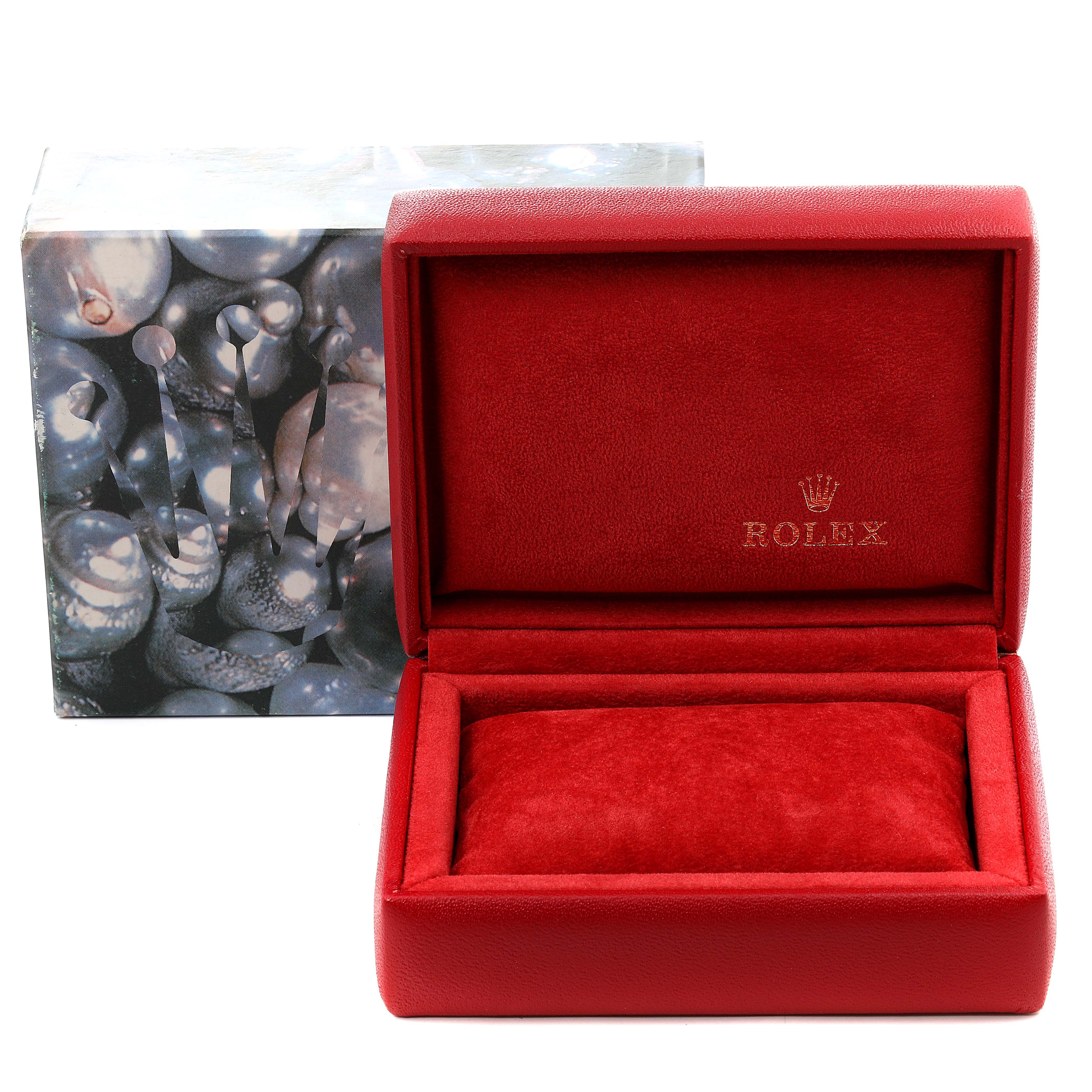 This image shows a Rolex Datejust 69174 Women's Stainless Steel Silver Dial 69174 Women's Stainless Steel Silver Dial watch box, open, with a red interior and the Rolex logo visible.