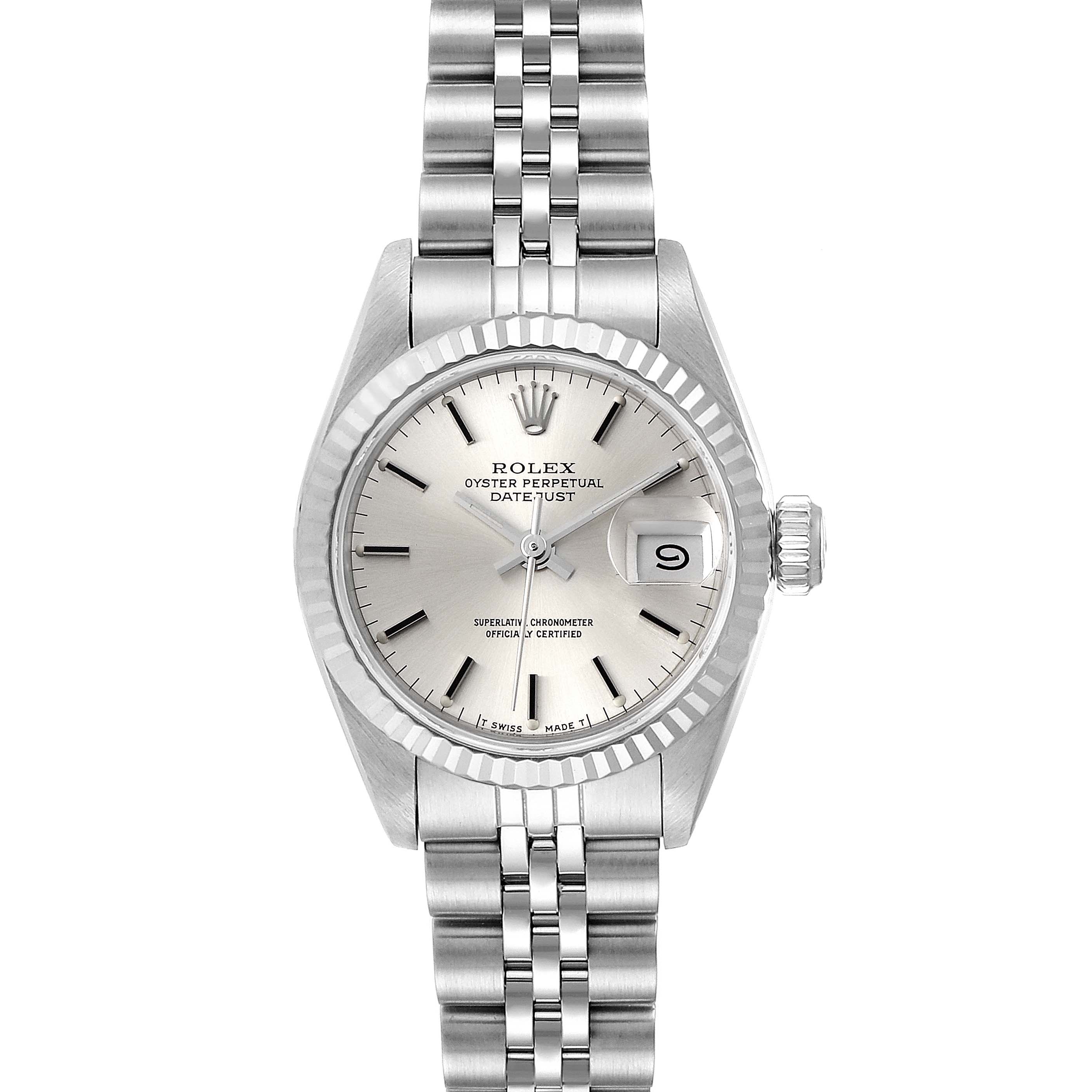 The image shows a head-on view of a Rolex Datejust 69174 Women's Stainless Steel Silver Dial 69174 Women's Stainless Steel Silver Dial watch, highlighting the dial, bezel, and bracelet.