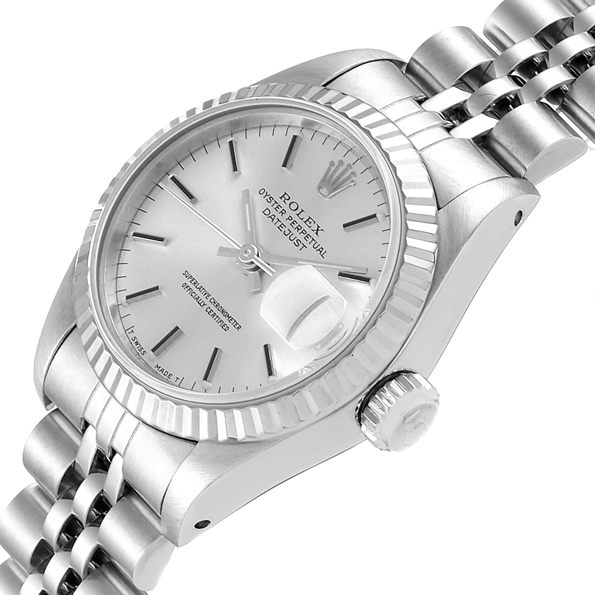 The image shows a Rolex Datejust 69174 Women's Stainless Steel Silver Dial 69174 Women's Stainless Steel Silver Dial watch at a slight angle, highlighting the dial, fluted bezel, crown, and jubilee bracelet.