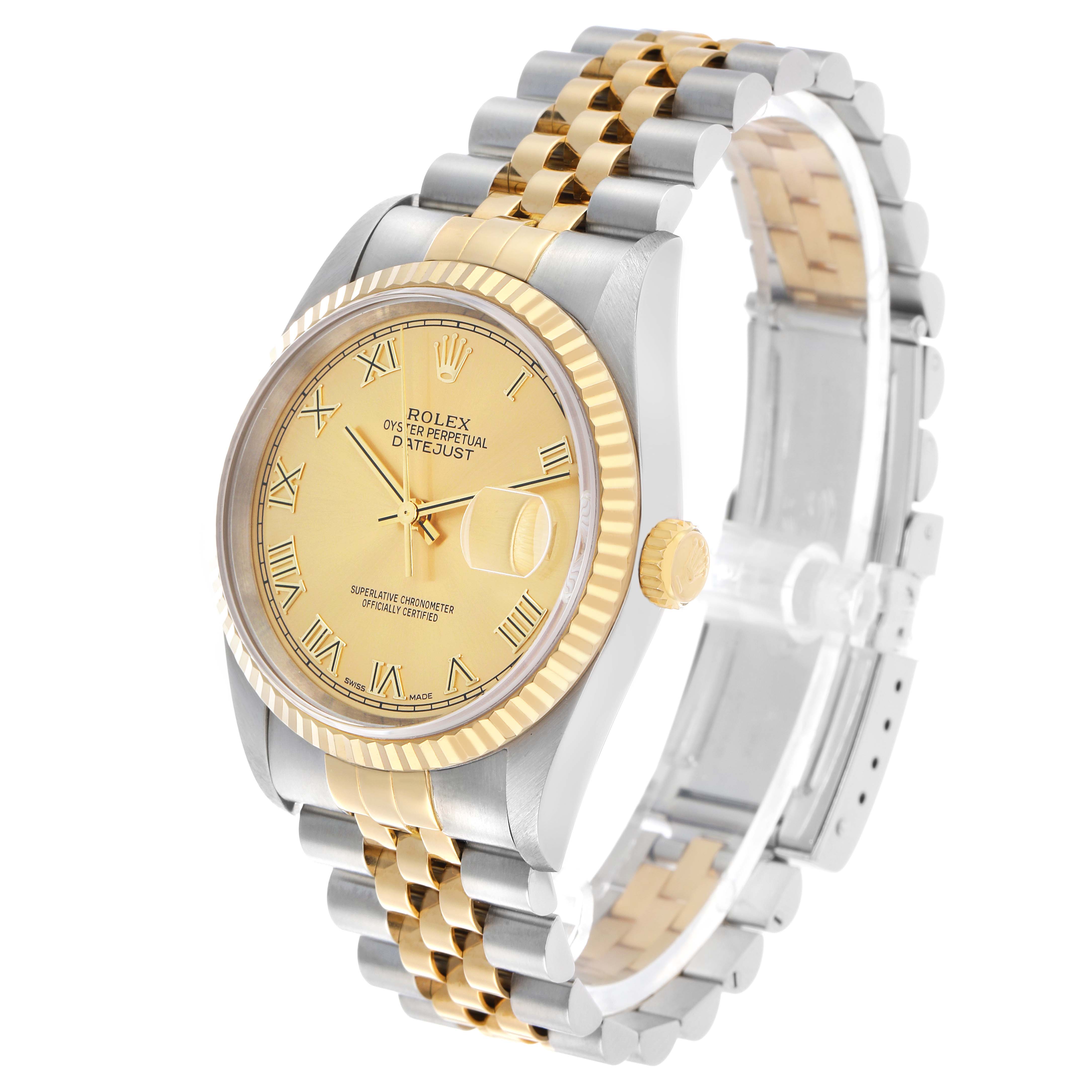 The Rolex Datejust 16233 Men's Steel and Gold (two tone) Champagne Dial is shown at a three-quarter angle, highlighting the dial, fluted bezel, and Jubilee bracelet.