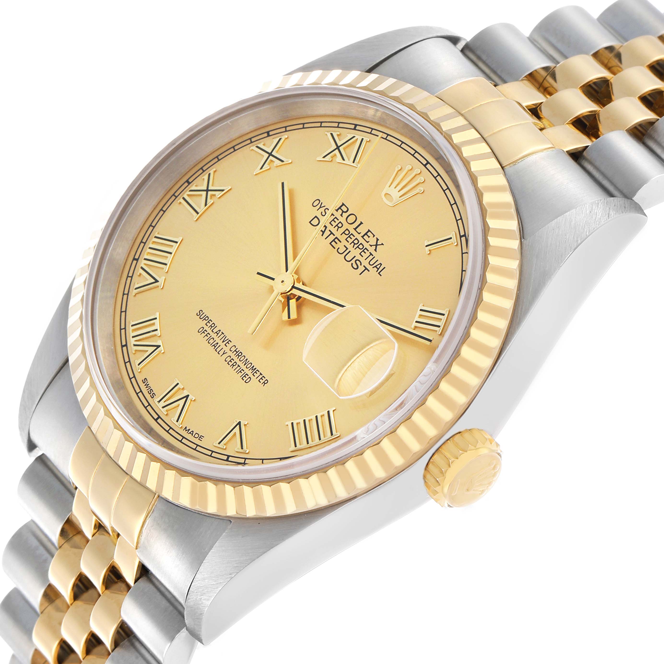 The Rolex Datejust 16233 Men's Steel and Gold (two tone) Champagne Dial watch is shown at a three-quarter angle, highlighting the dial, bezel, crown, and bracelet.