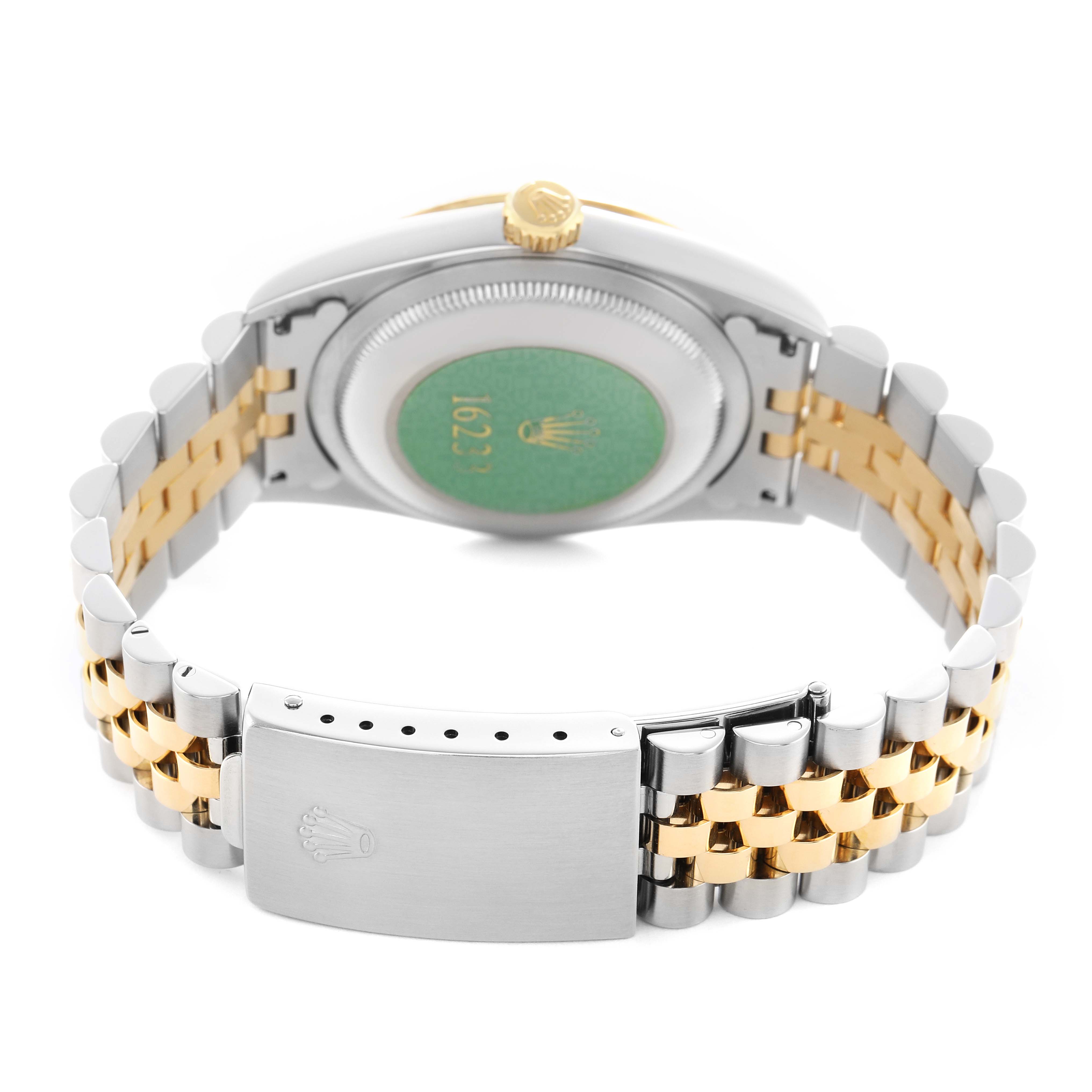 The Rolex Datejust 16233 Men's Steel and Gold (two tone) Champagne Dial watch is shown from the back, highlighting the case back, bracelet, and clasp.