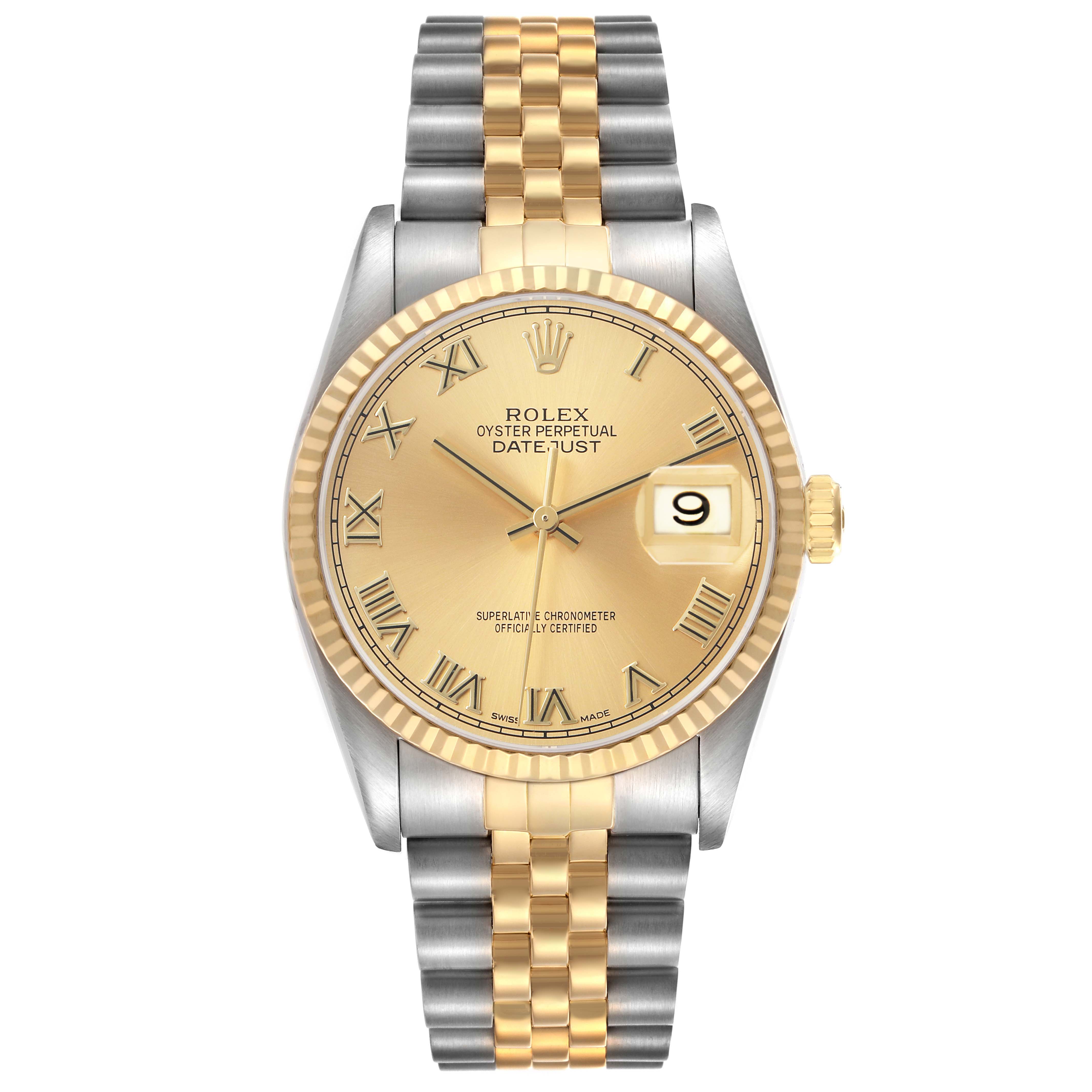 The Rolex Datejust 16233 Men's Steel and Gold (two tone) Champagne Dial watch is shown from a front angle, highlighting the dial, bezel, and two-tone bracelet.
