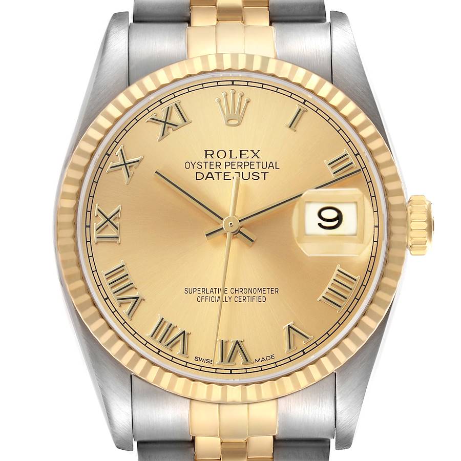 The Rolex Datejust 16233 Men's Steel and Gold (two tone) Champagne Dial watch is shown from a front view, highlighting the gold dial, Roman numerals, date window, and two-tone bracelet.