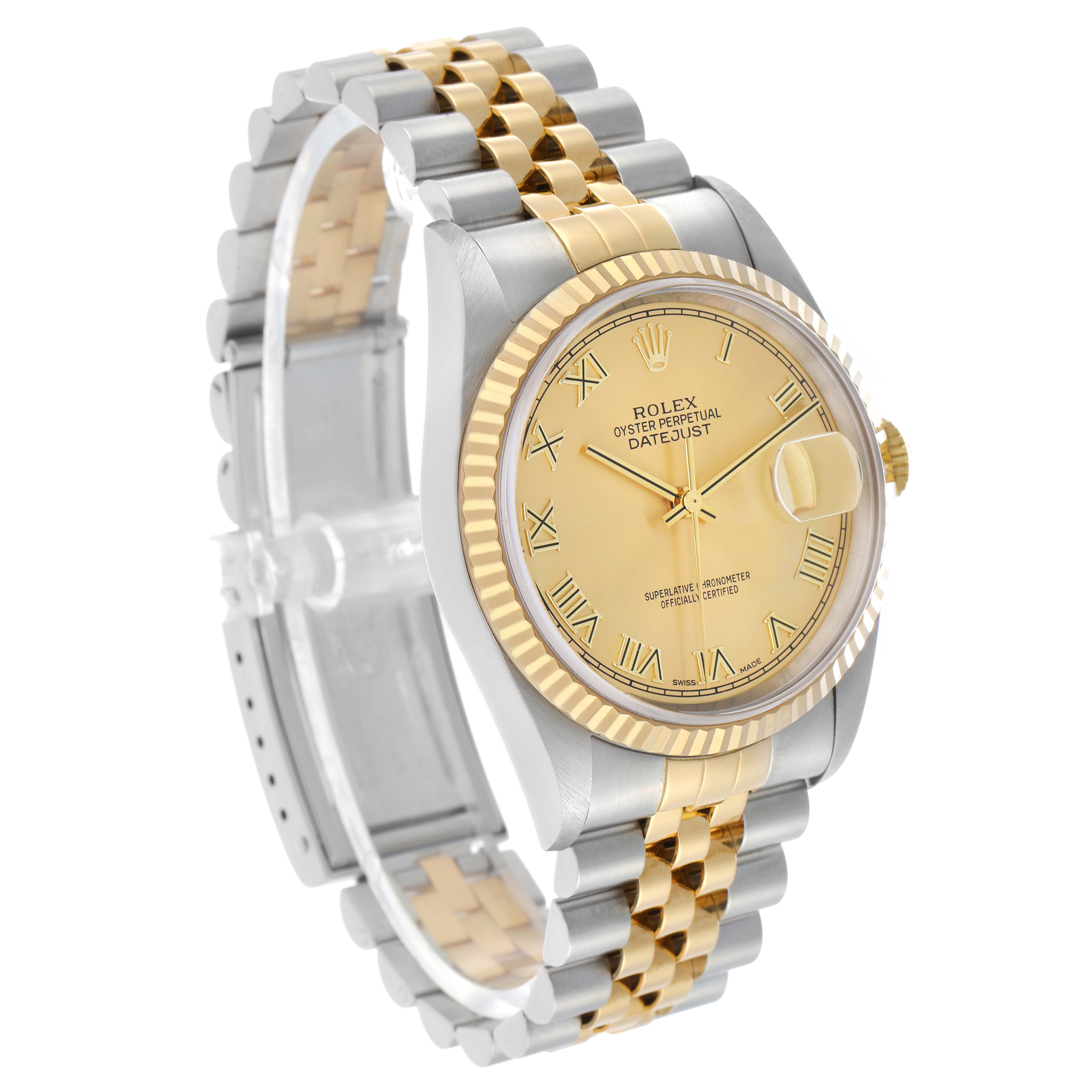 The Rolex Datejust 16233 Men's Steel and Gold (two tone) Champagne Dial watch is shown at a three-quarter angle, highlighting the two-tone bracelet, fluted bezel, and dial with Roman numerals.