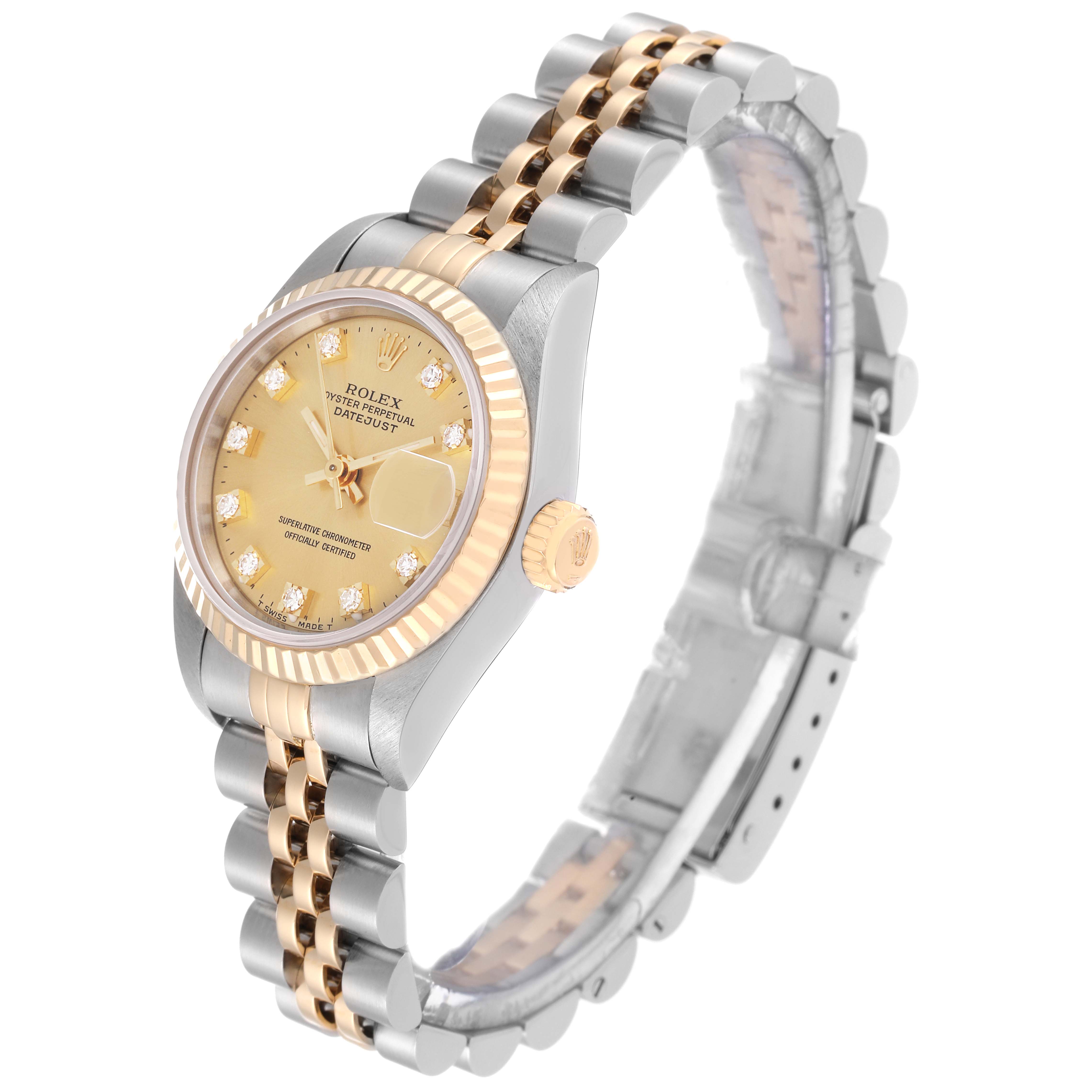 The image shows a Rolex Datejust 69173 Women's Steel and Gold (two tone) Champagne Dial 69173 Women's Steel and Gold (two tone) Champagne Dial watch at a three-quarter angle, highlighting the dial, bezel, and part of the bracelet.