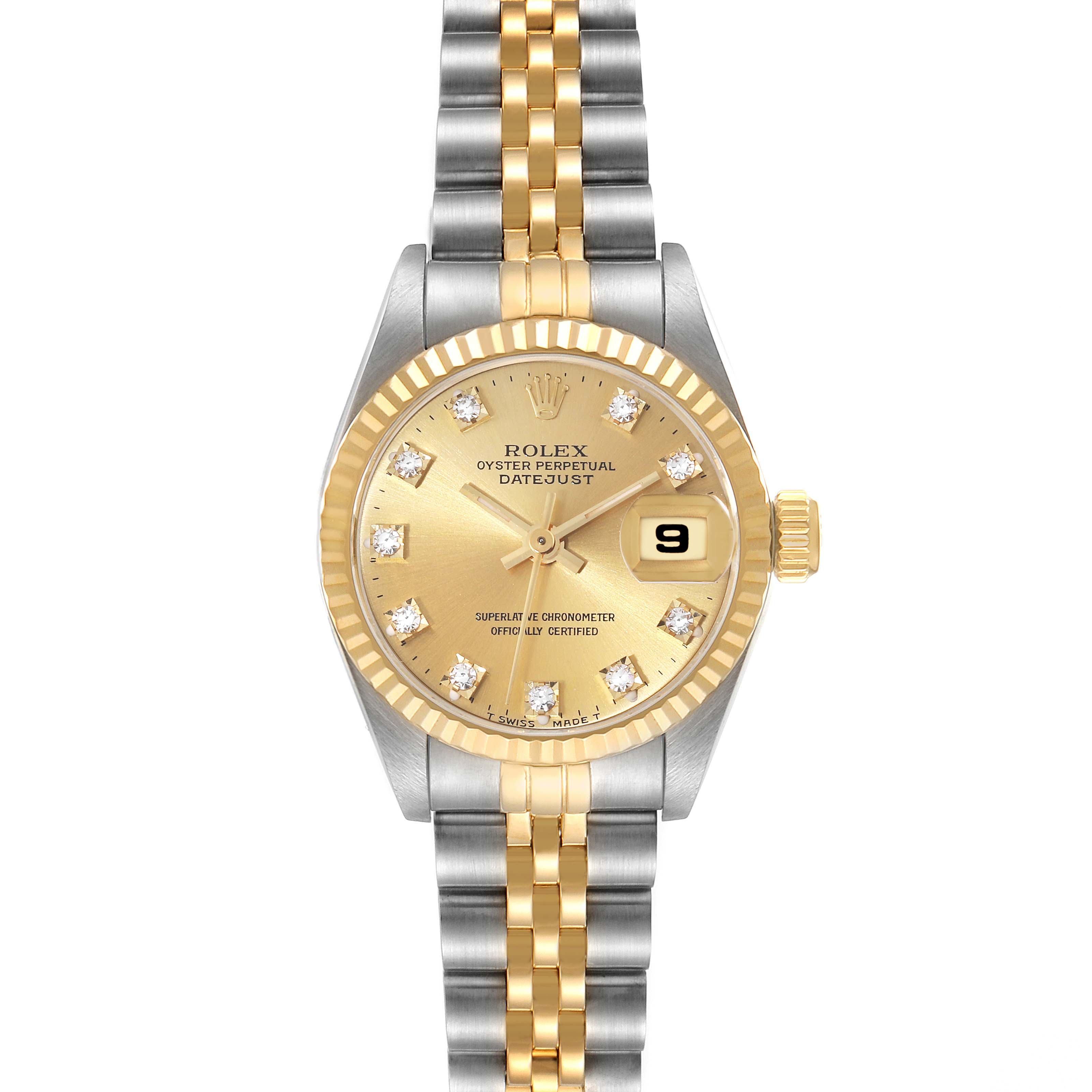 This image shows a front view of the Rolex Datejust 69173 Women's Steel and Gold (two tone) Champagne Dial 69173 Women's Steel and Gold (two tone) Champagne Dial watch, highlighting its dial, bezel, and bracelet.