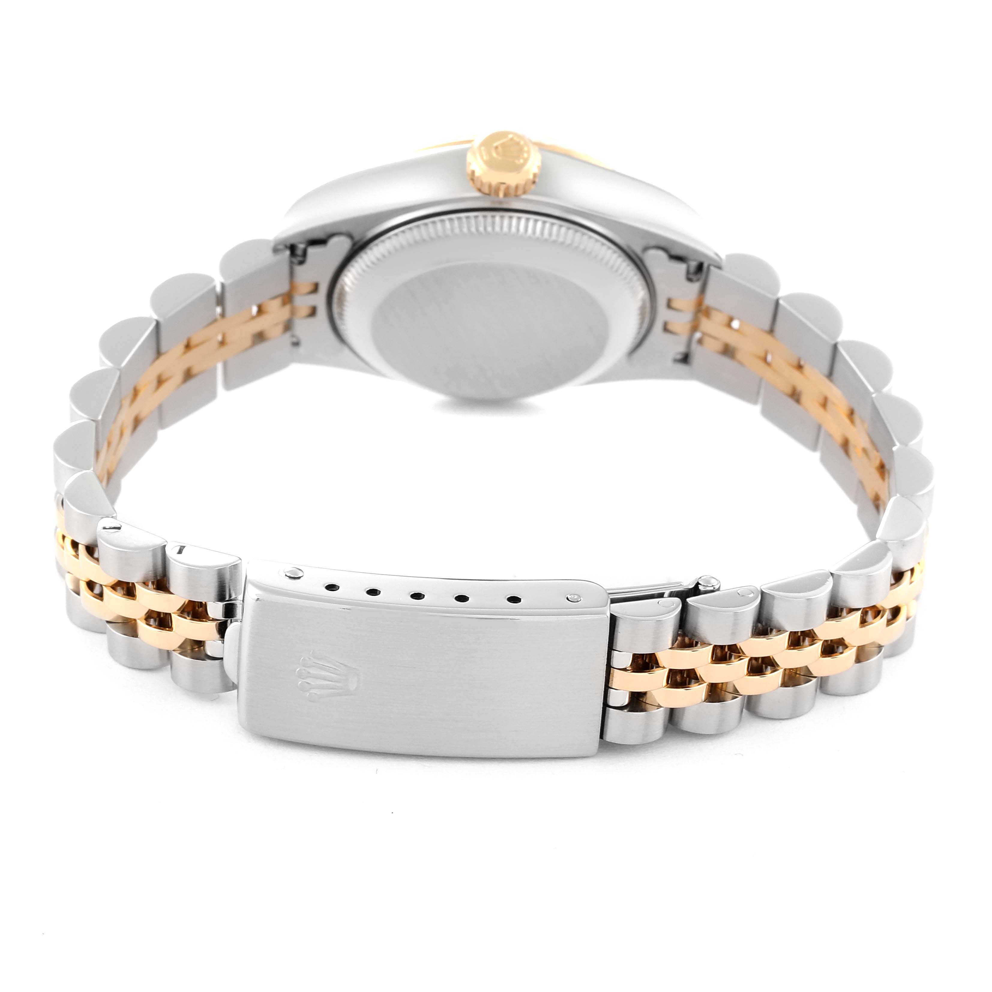 This image shows the back view of a Rolex Datejust 69173 Women's Steel and Gold (two tone) Champagne Dial 69173 Women's Steel and Gold (two tone) Champagne Dial watch, highlighting its clasp, bracelet, and case back.