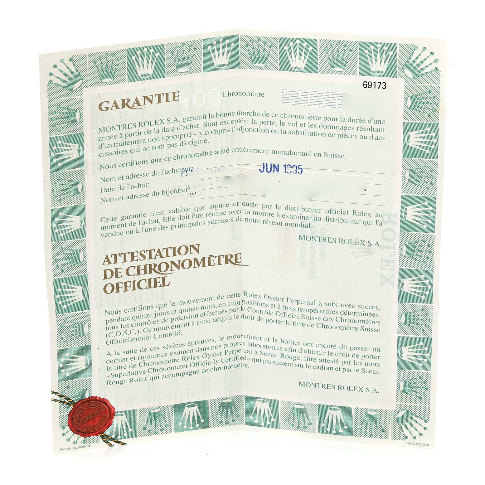 A warranty and official chronometer certification paper for a Rolex Datejust 69173 Women's Steel and Gold (two tone) Champagne Dial 69173 Women's Steel and Gold (two tone) Champagne Dial, featuring green borders and text in French.