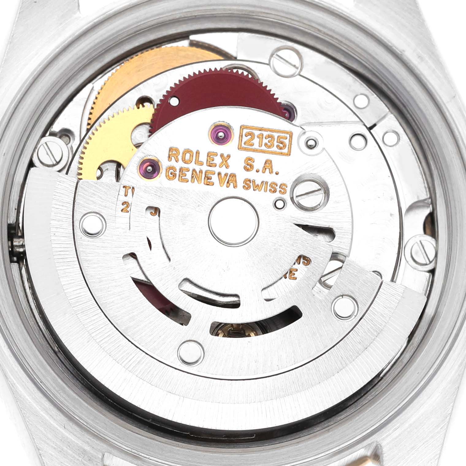 The image shows the internal mechanical movement of a Rolex Datejust 69173 Women's Steel and Gold (two tone) Champagne Dial 69173 Women's Steel and Gold (two tone) Champagne Dial watch with visible gears and components.