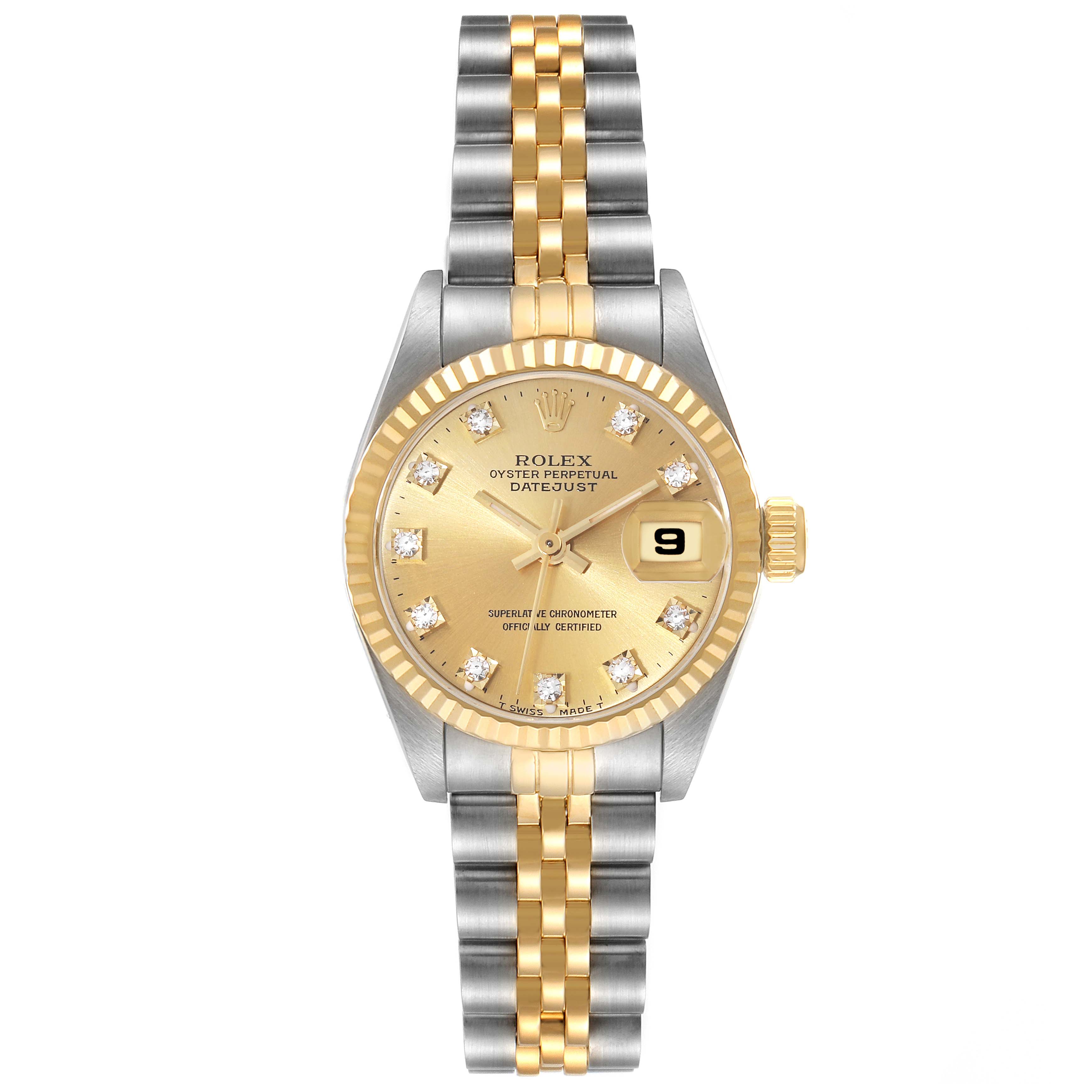 This Rolex Datejust 69173 Women's Steel and Gold (two tone) Champagne Dial 69173 Women's Steel and Gold (two tone) Champagne Dial model watch is shown from the front, highlighting the gold dial, fluted bezel, and two-tone bracelet.