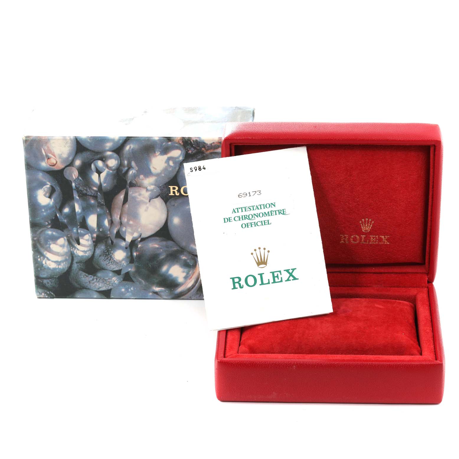 The image shows a Rolex Datejust 69173 Women's Steel and Gold (two tone) Champagne Dial 69173 Women's Steel and Gold (two tone) Champagne Dial model box, an outer box, and a booklet from a front angle.