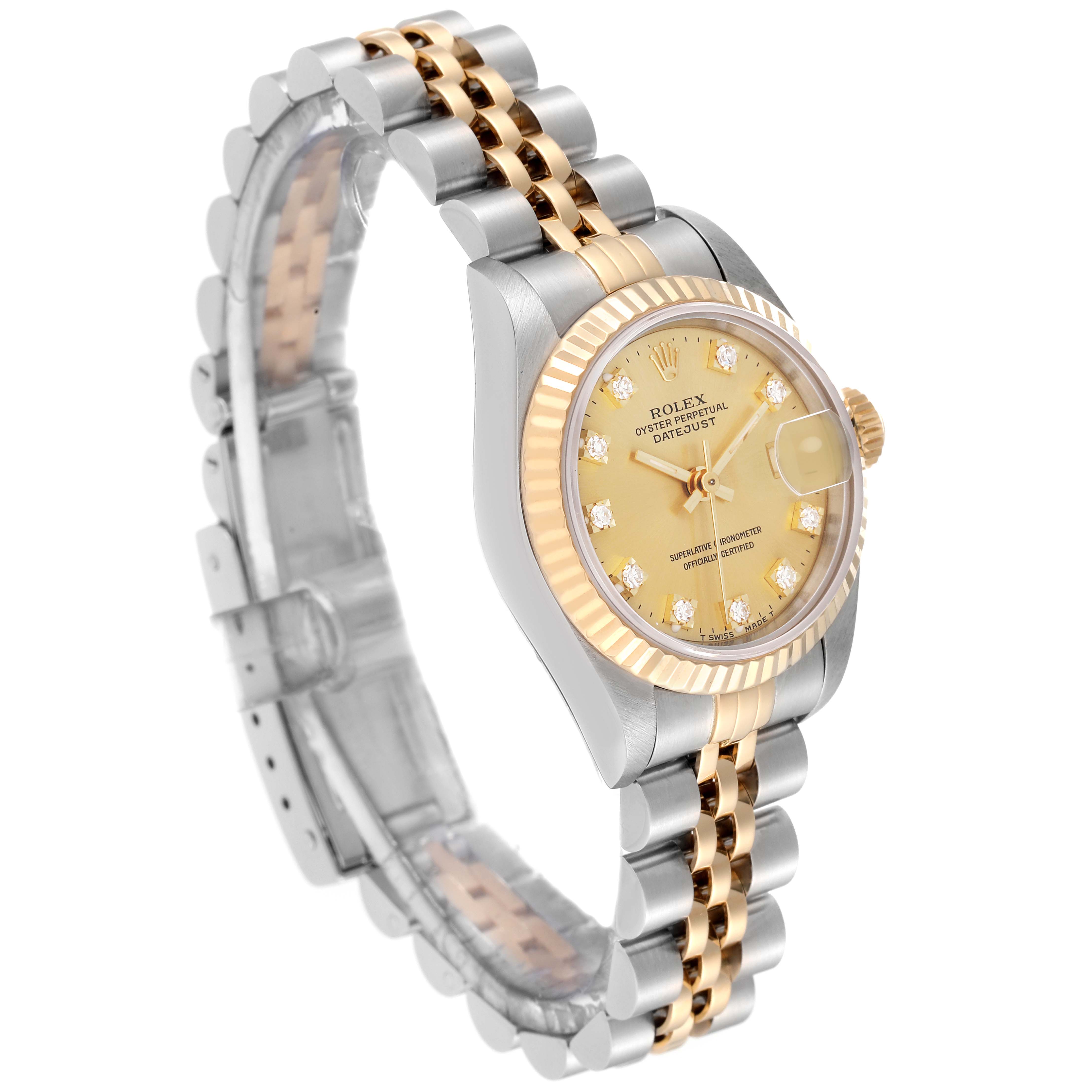 The Rolex Datejust 69173 Women's Steel and Gold (two tone) Champagne Dial 69173 Women's Steel and Gold (two tone) Champagne Dial watch is shown at an oblique angle, highlighting its two-tone bracelet, fluted bezel, and champagne dial with diamond markers.