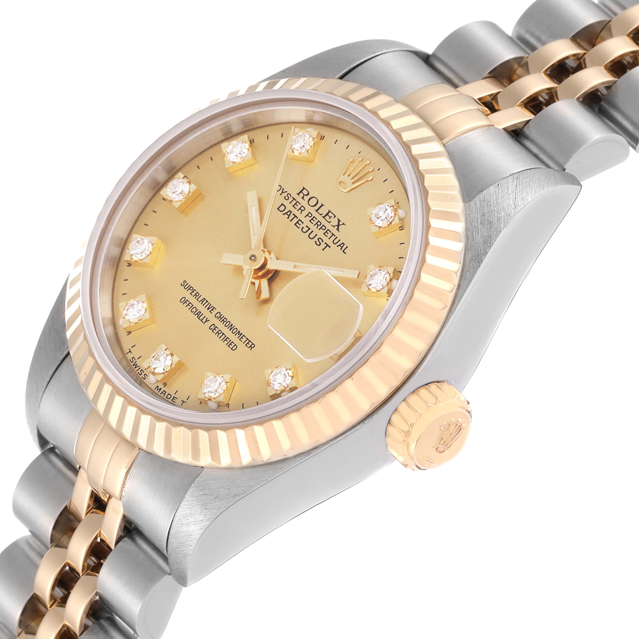 The Rolex Datejust 69173 Women's Steel and Gold (two tone) Champagne Dial 69173 Women's Steel and Gold (two tone) Champagne Dial watch is shown at a side angle, highlighting the dial, crown, and Jubilee bracelet.
